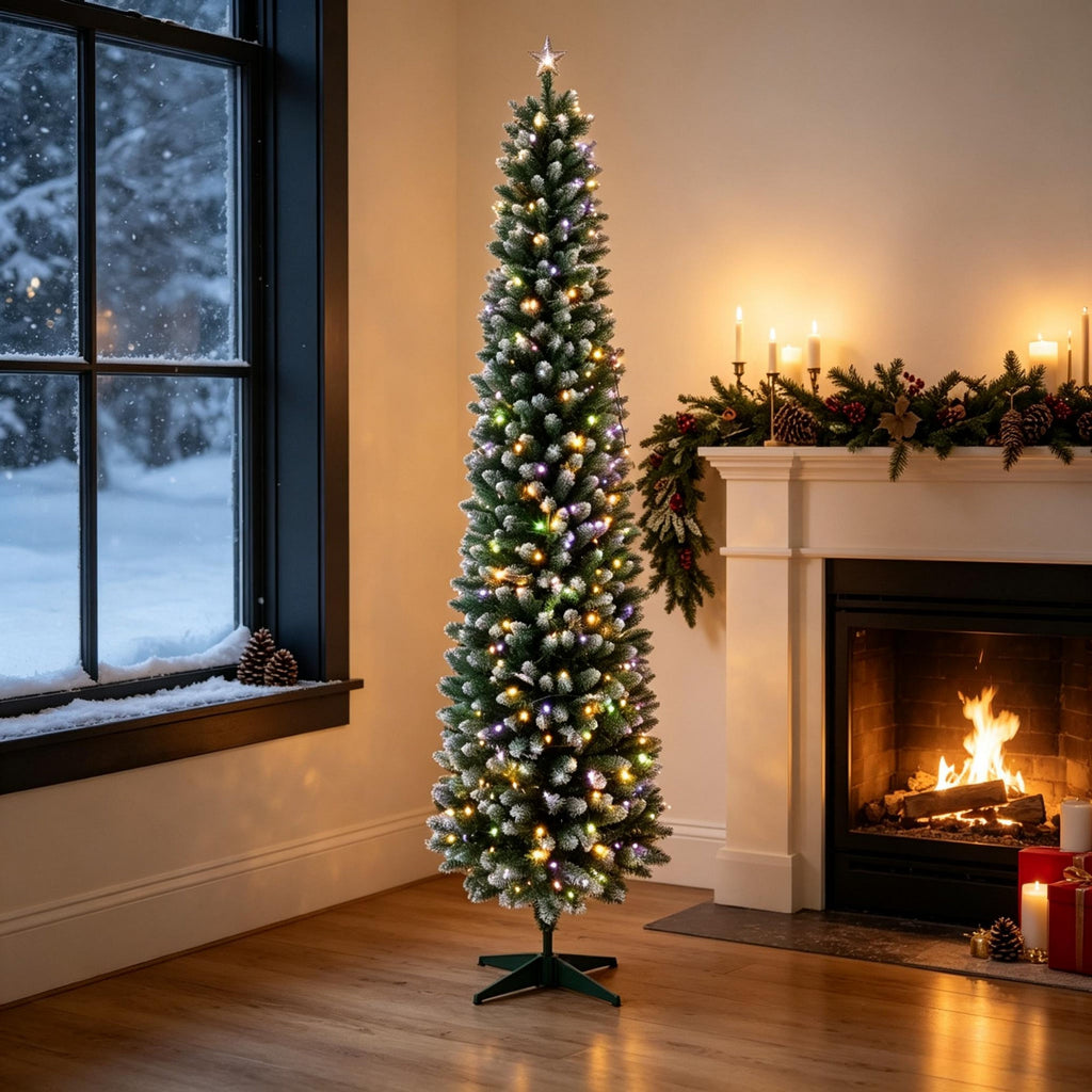7ft Flocked Pencil Prelit Christmas Tree, Dual-Color