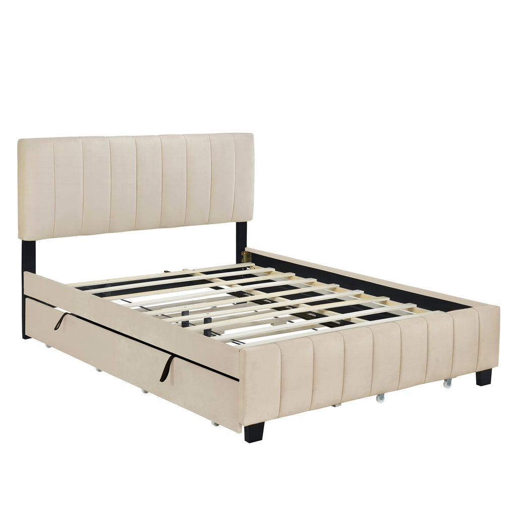 Queen Size Velvet Upholstered Platform Bed with 2 Drawers and Trundle