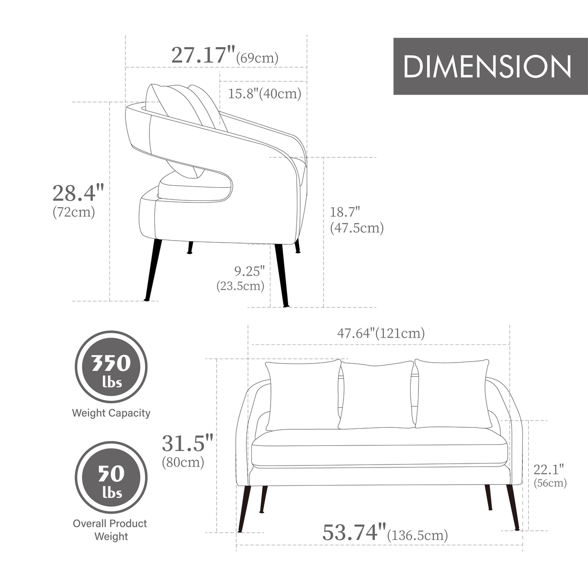 Modern Upholstered Velvet Loveseat Settee with 3 Pillows