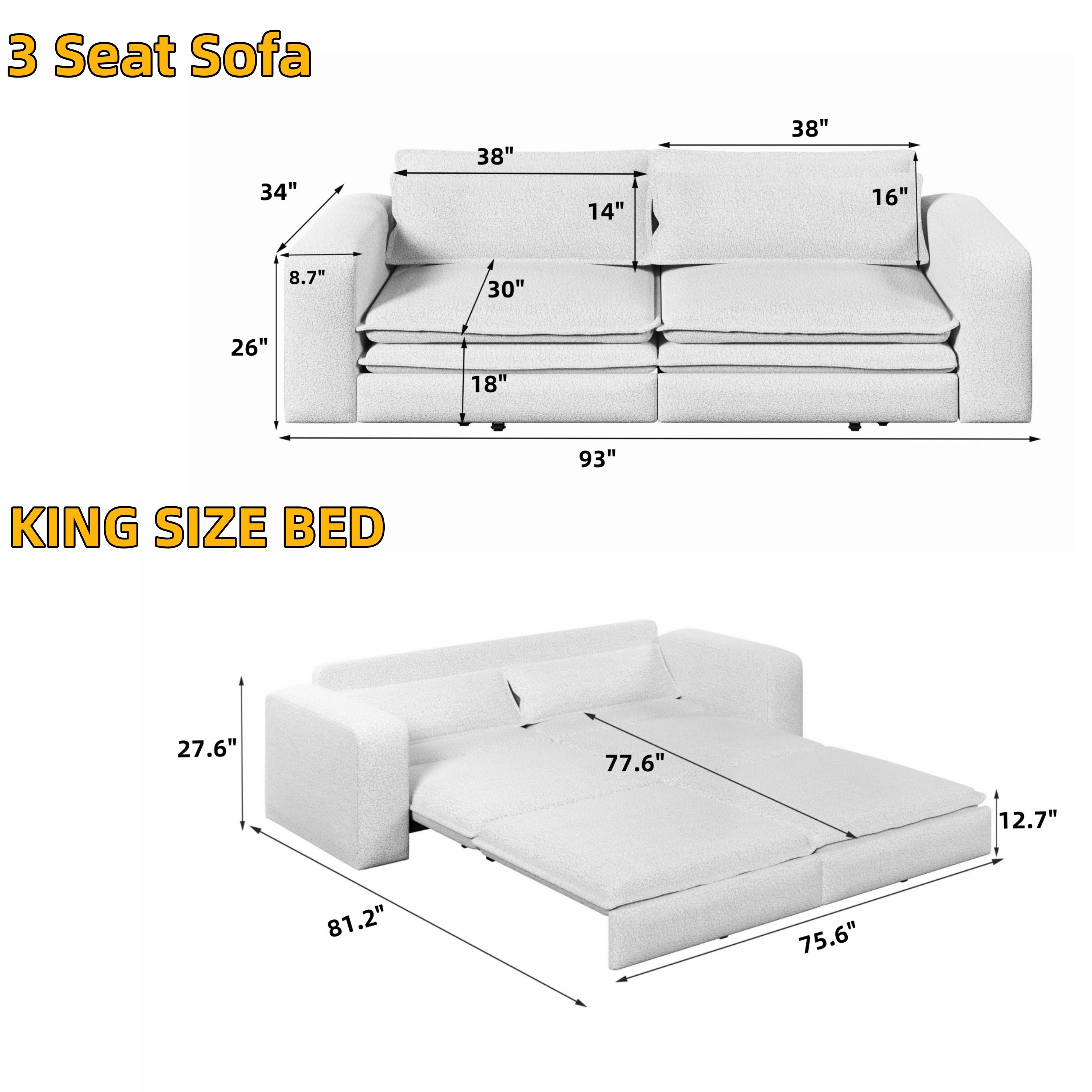 93" King Size Sleeper Sofa Bed - 3 in 1 Convertible