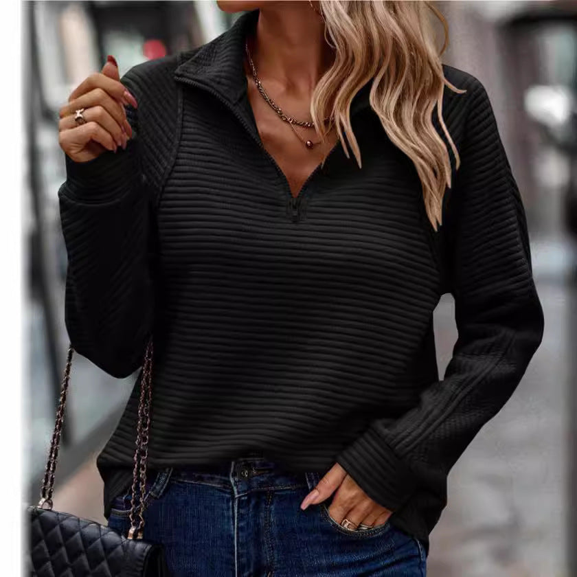 Autumn And Winter New Cross-Border European And American Amazon Comfortable Loose Snake Bone Pattern Solid Color Stand Collar Zipper Sweatshirt