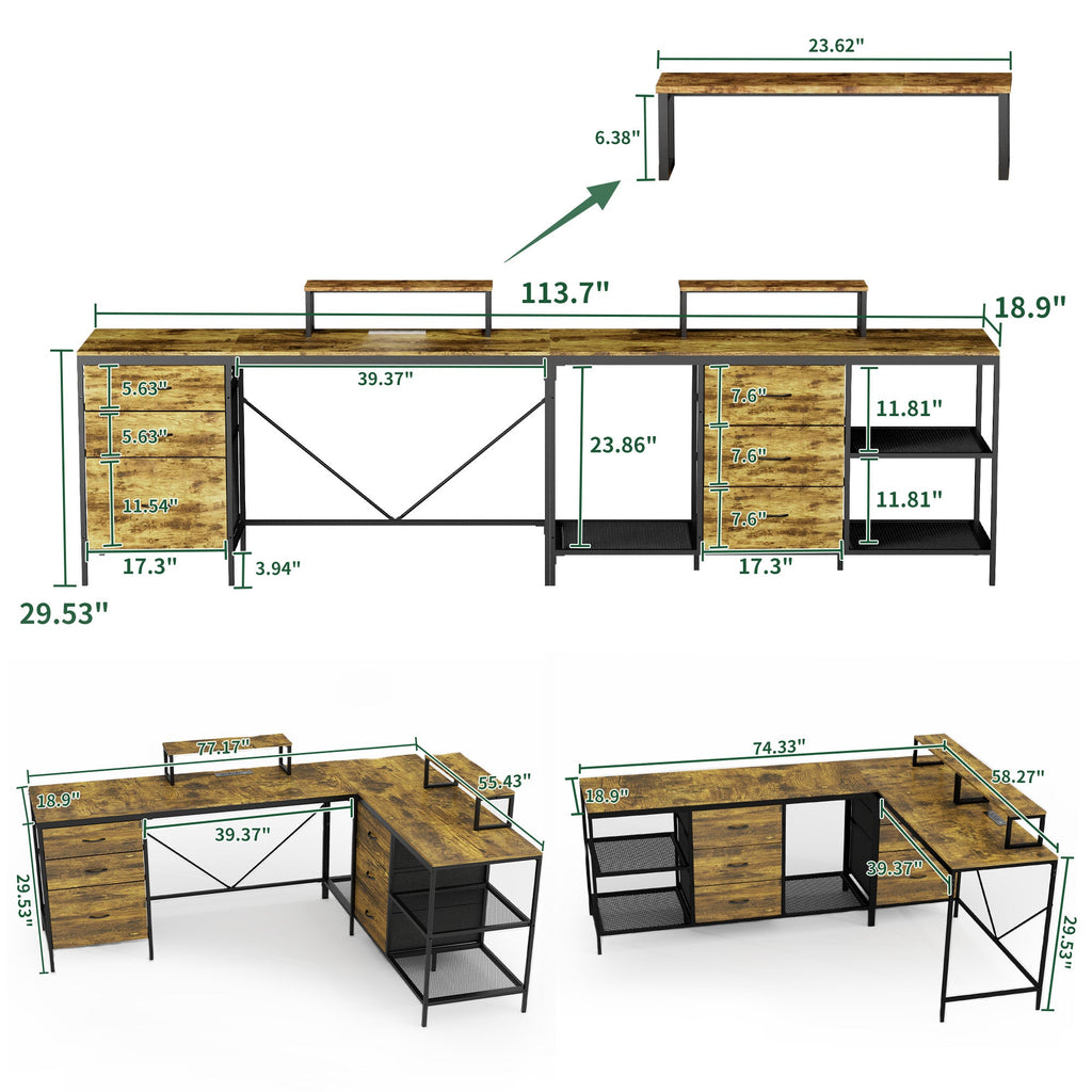 114" L-Shaped Desk with Power Hub, Industrial Design