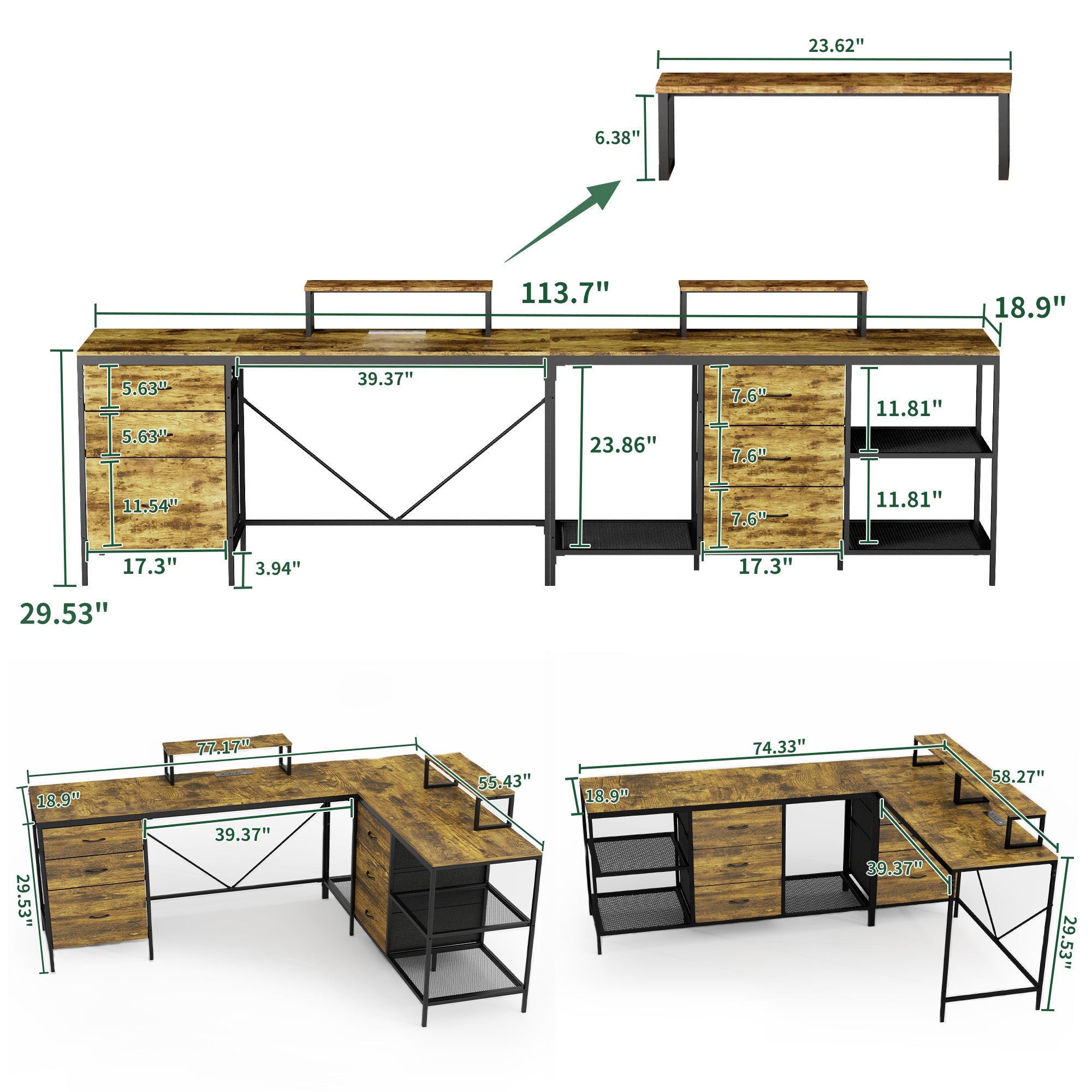 114" L-Shaped Desk with Power Hub, Industrial Design