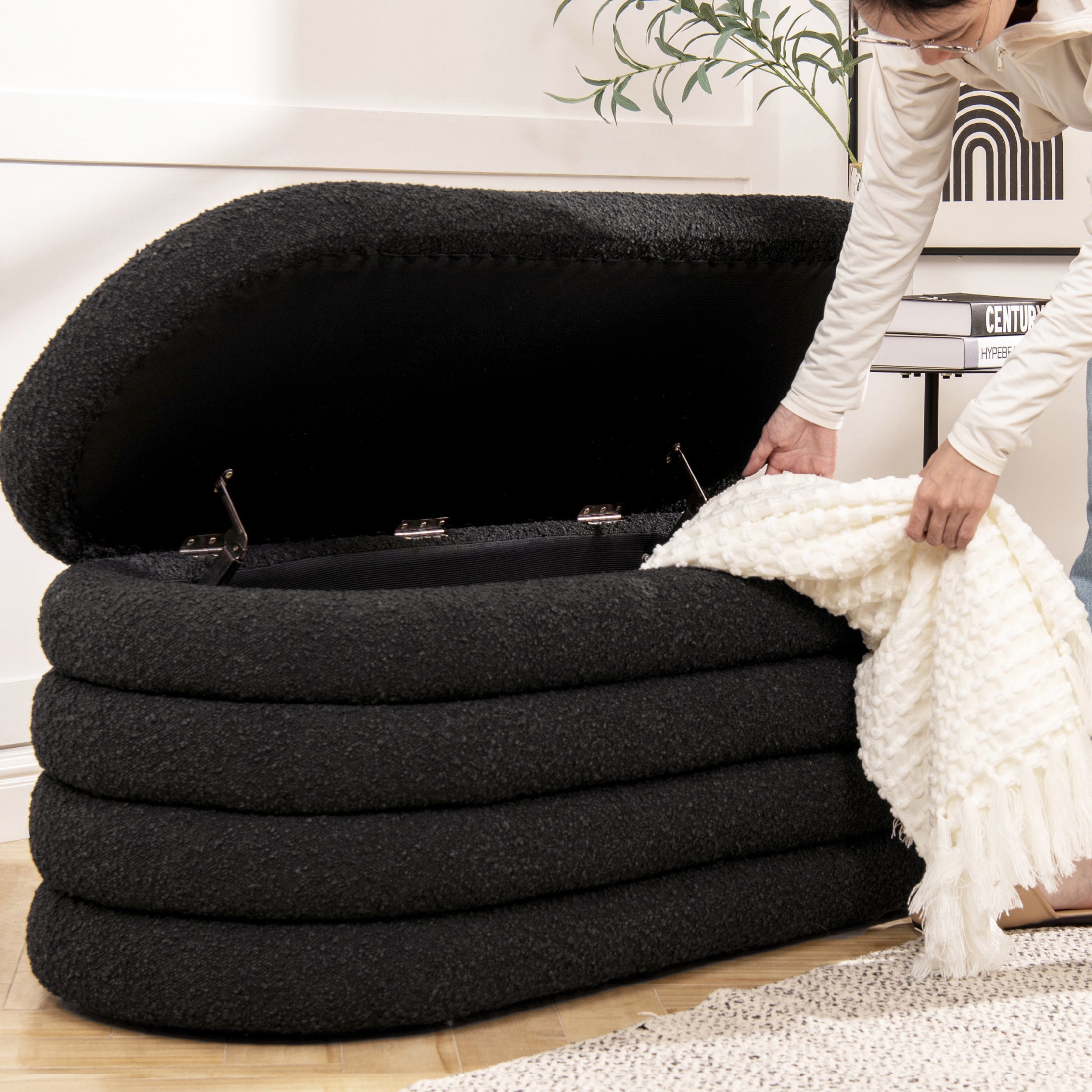 Fuji 49" Upholstered Oval Storage Bench, Ebony