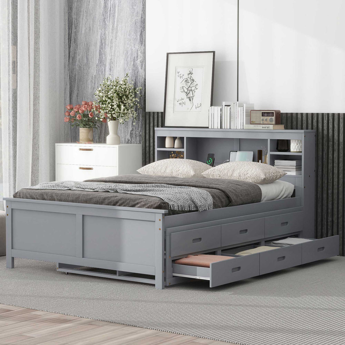 Full Size Platform Bed with Storage Headboard, USB, Twin Size Trundle and 3 Drawers