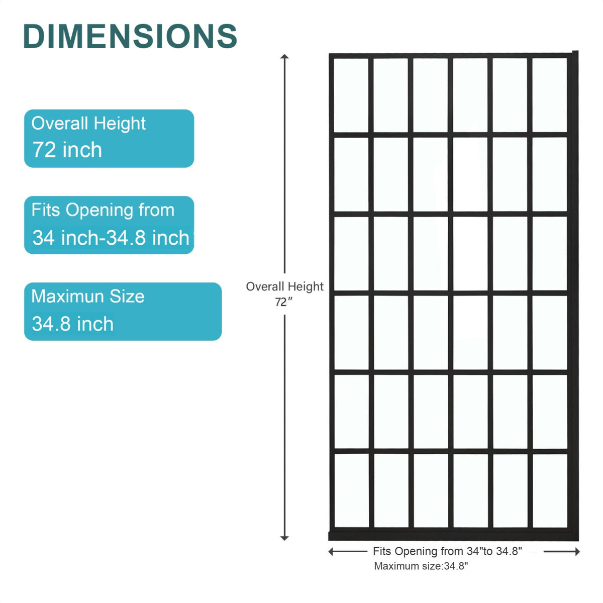 Frameless Fixed Shower Door 34" W x 72" H