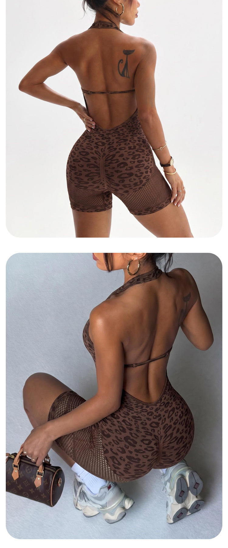 New Cross-border Product Leopard Print One-piece Yoga Outfit For Women, Halter Neck, Backless, Butt-lifting Shorts, Integrated Sports And Fitness Jumpsuit