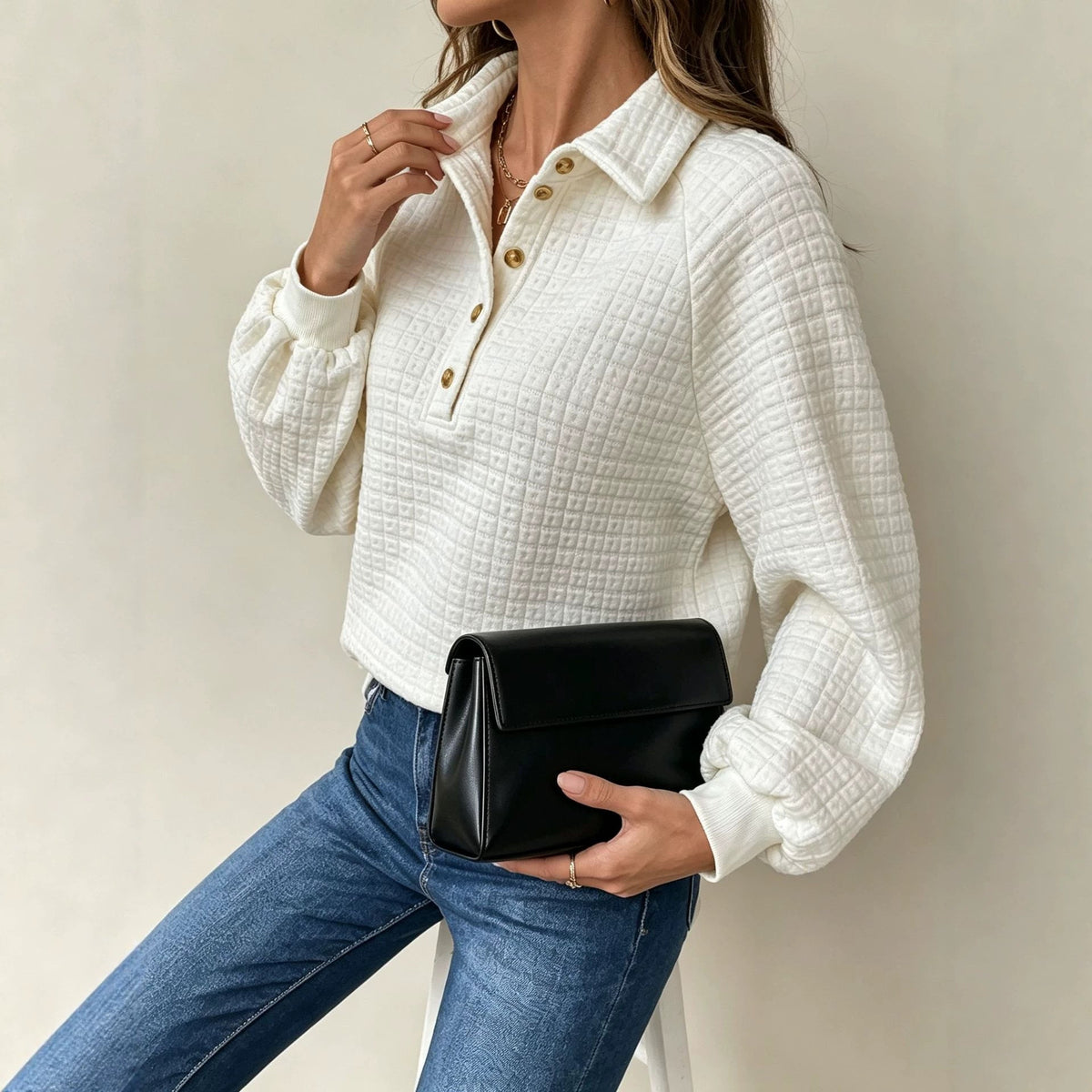 Turn-down Collar Textured Top Women's Pullover Sweatshirt