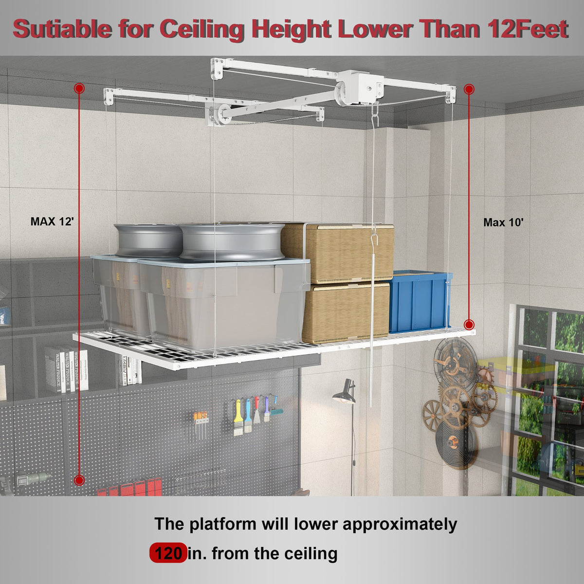 White Overhead Garage Storage Rack 4x8 FT for High Ceilings