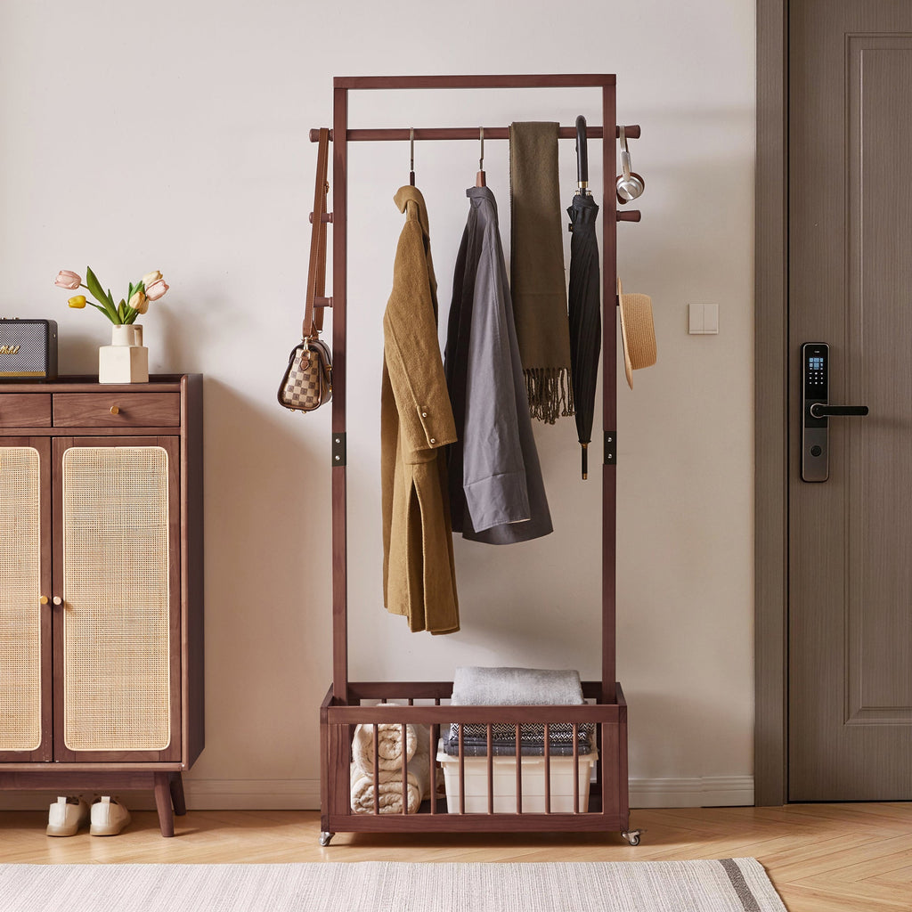 Solid Wood Freestanding Coat Rack with Storage Basket
