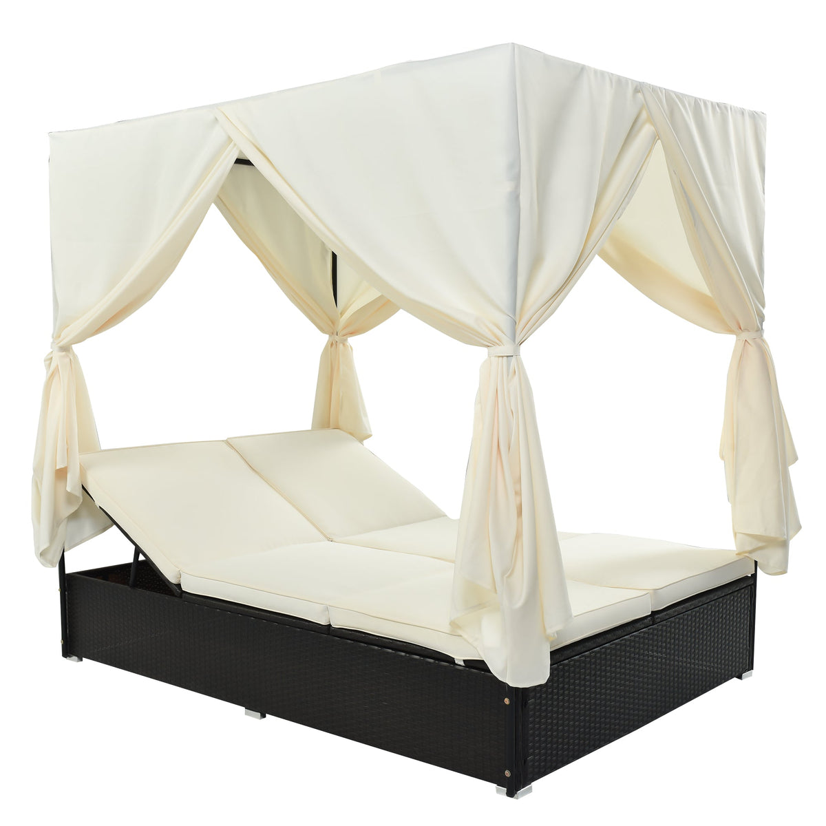 U_Style Outdoor Double Chaise Lounge Daybed with Curtains