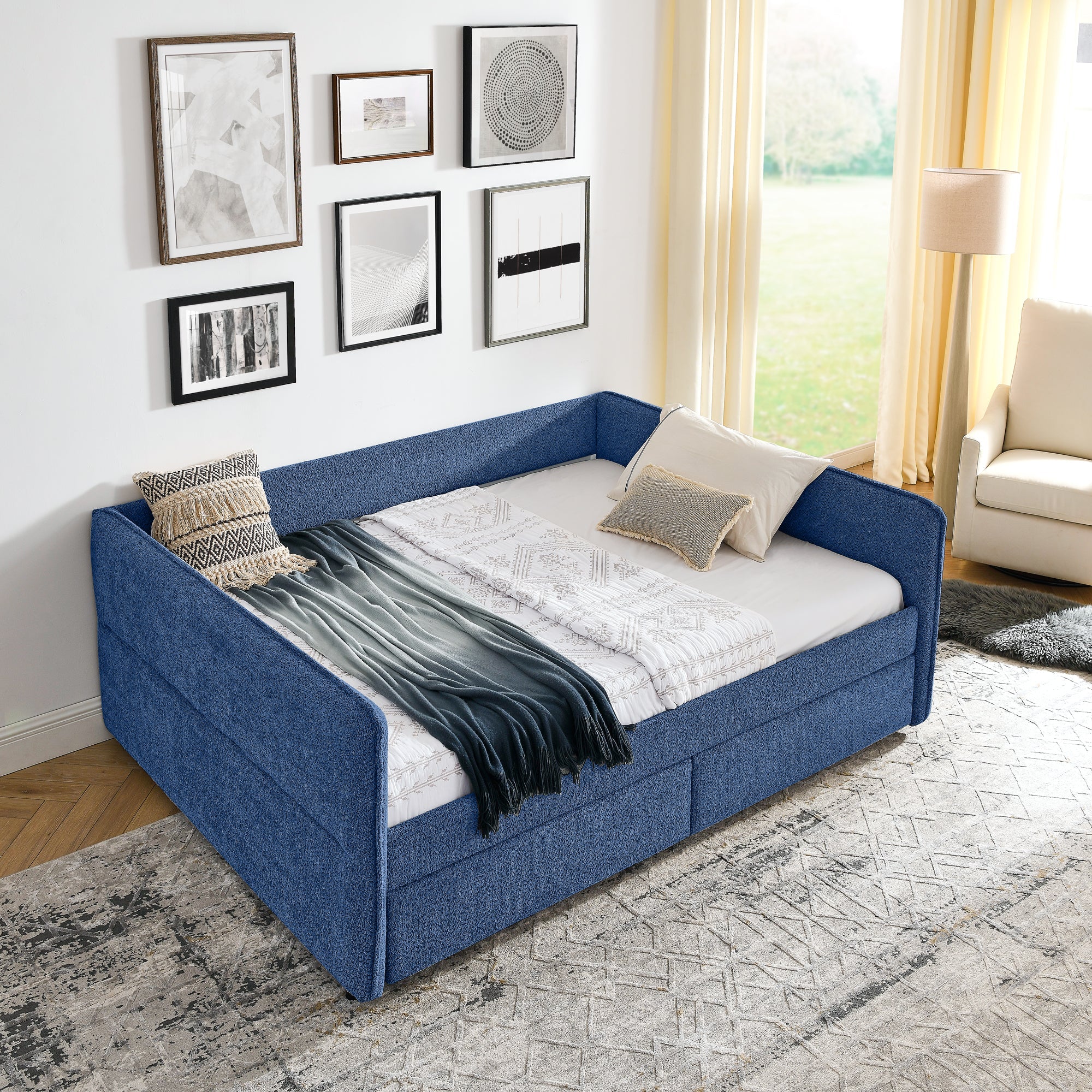 Queen Size Daybed with Two Drawers - Upholstered Tufted Sofa Bed