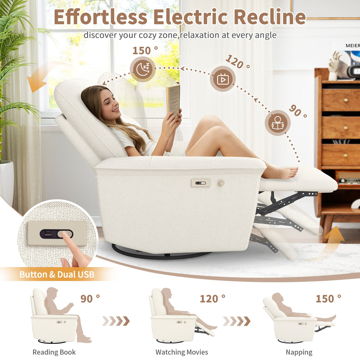270° Power Swivel Rocker Recliner Chair w/ USB Ports - Beige-Gray