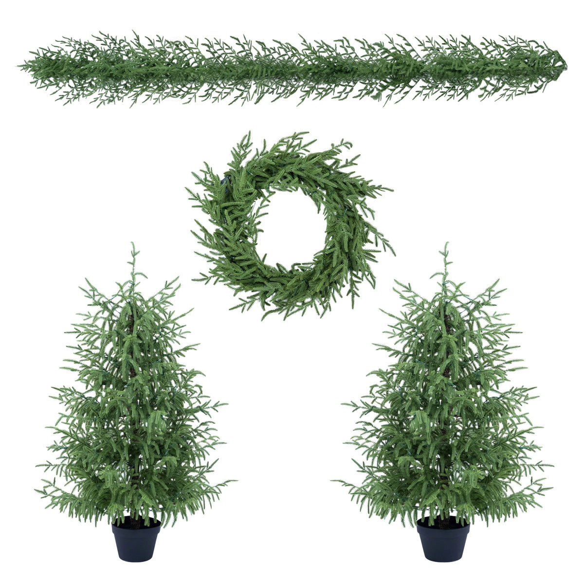 4-Piece Christmas Tree Set – 2 Trees, Wreath, and Garland