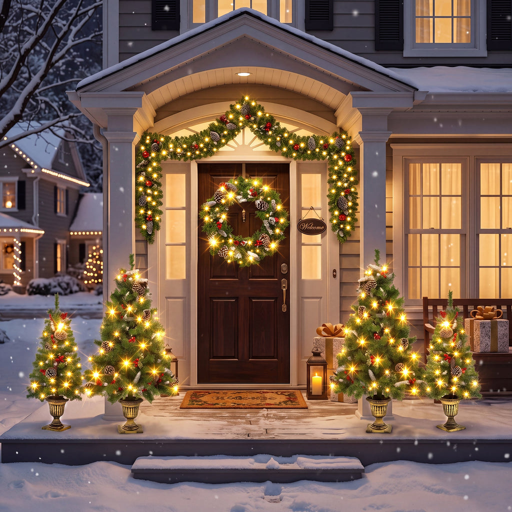 6-Piece Christmas Tree Set – 4 Trees, Wreath, and Garland
