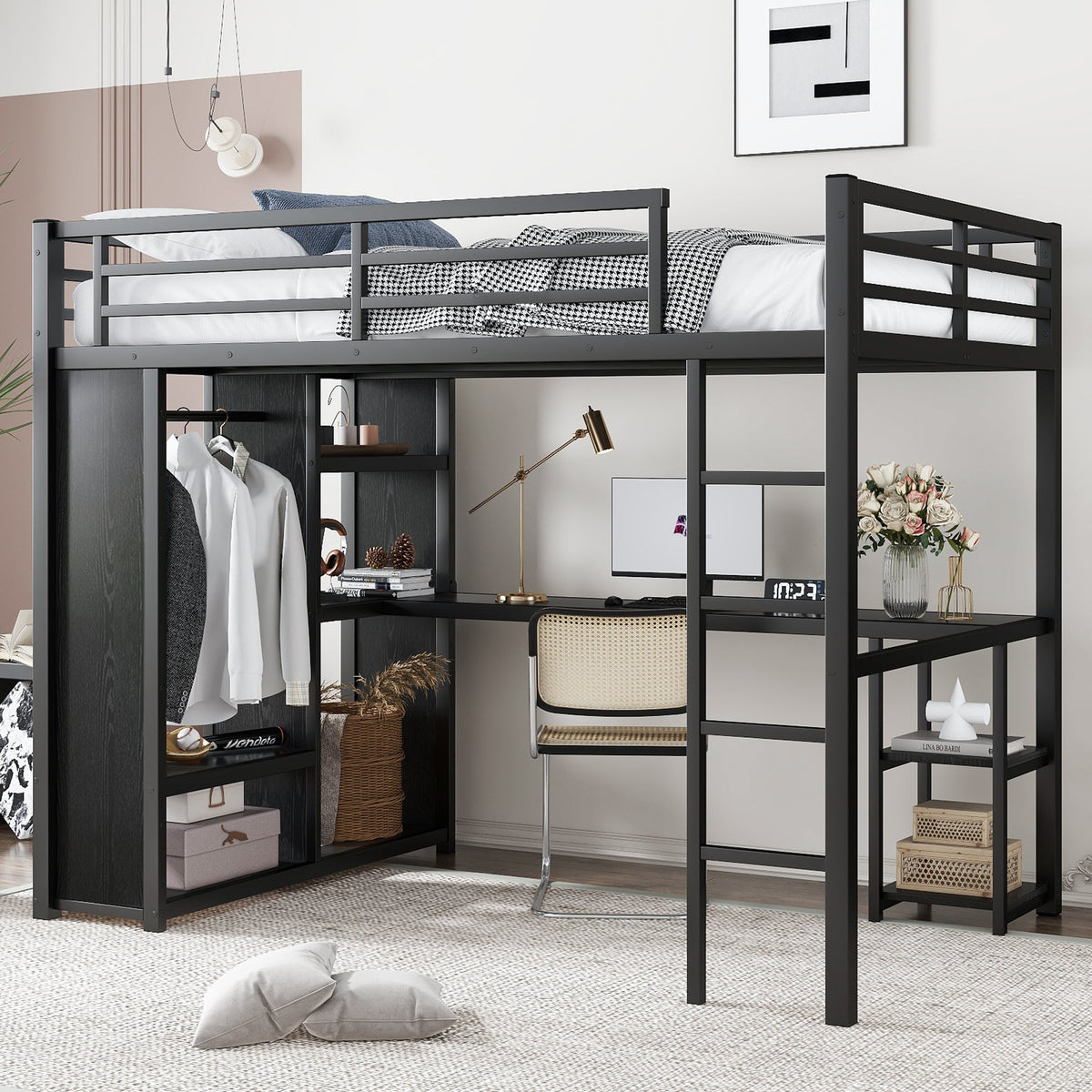 Full Size Loft Bed Frame with Built-in Wardrobe