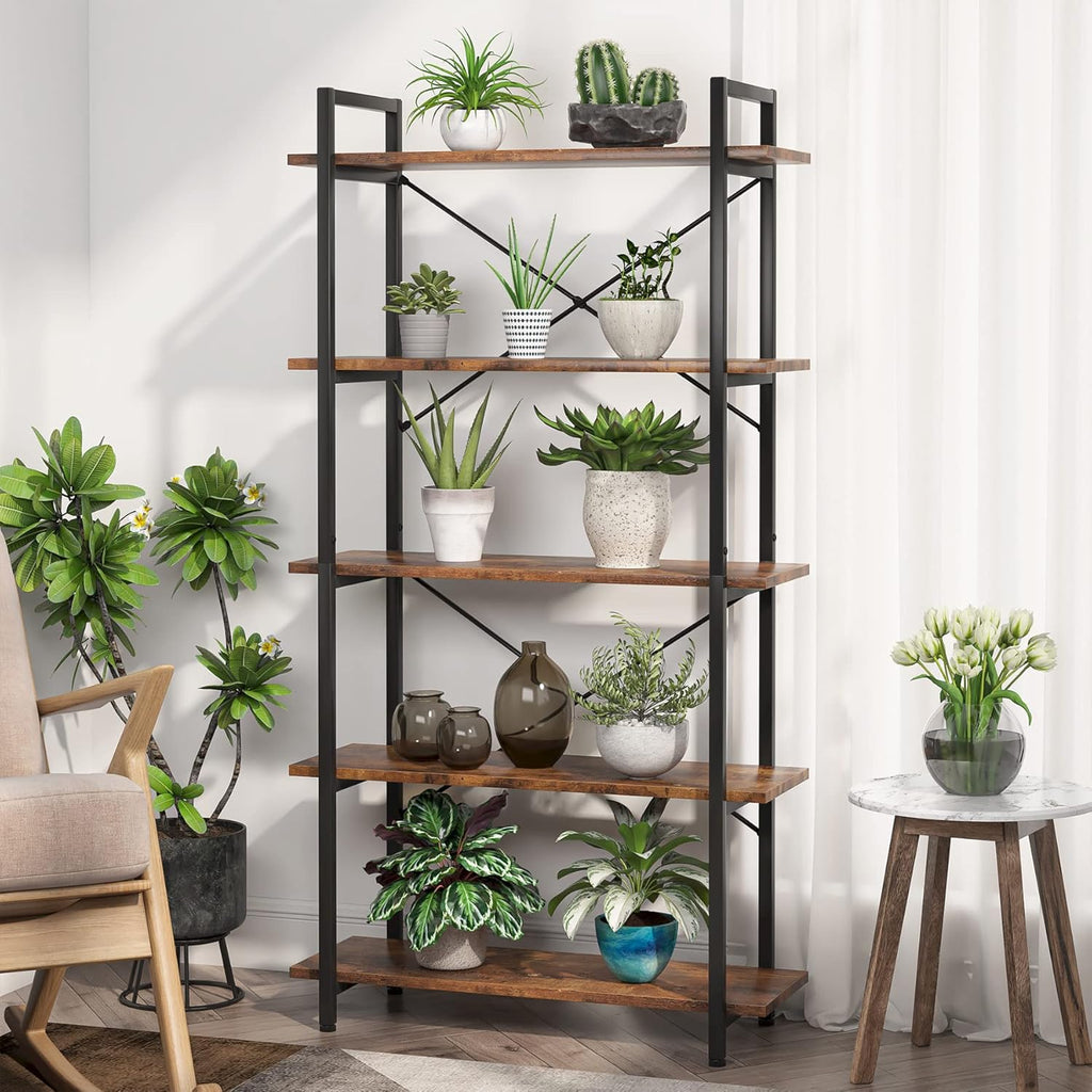 63" Tall 5-Tier Rustic Brown Industrial Bookshelf