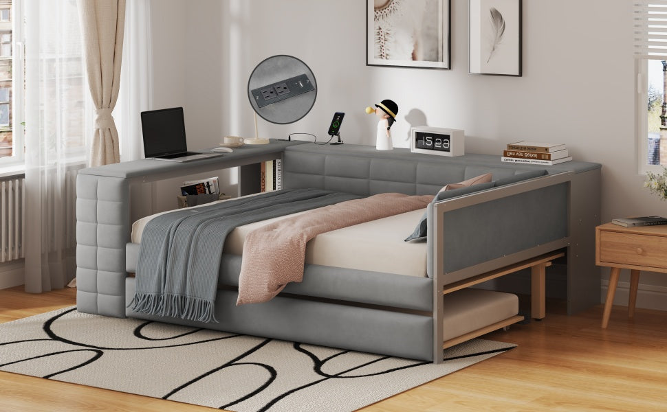 Full Size Upholstered Platform Bed with Storage Shelves, Desk, Charging Station and Trundle