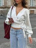 European And American Style Cross V-Neck Knitted Sweater, Autumn And Winter Irregular Tie Elegant Short Top For Women