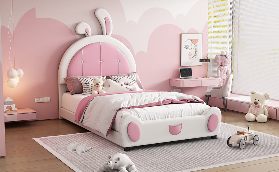 Twin Size Upholstered Platform Bed With Rabbit Shaped Headboard