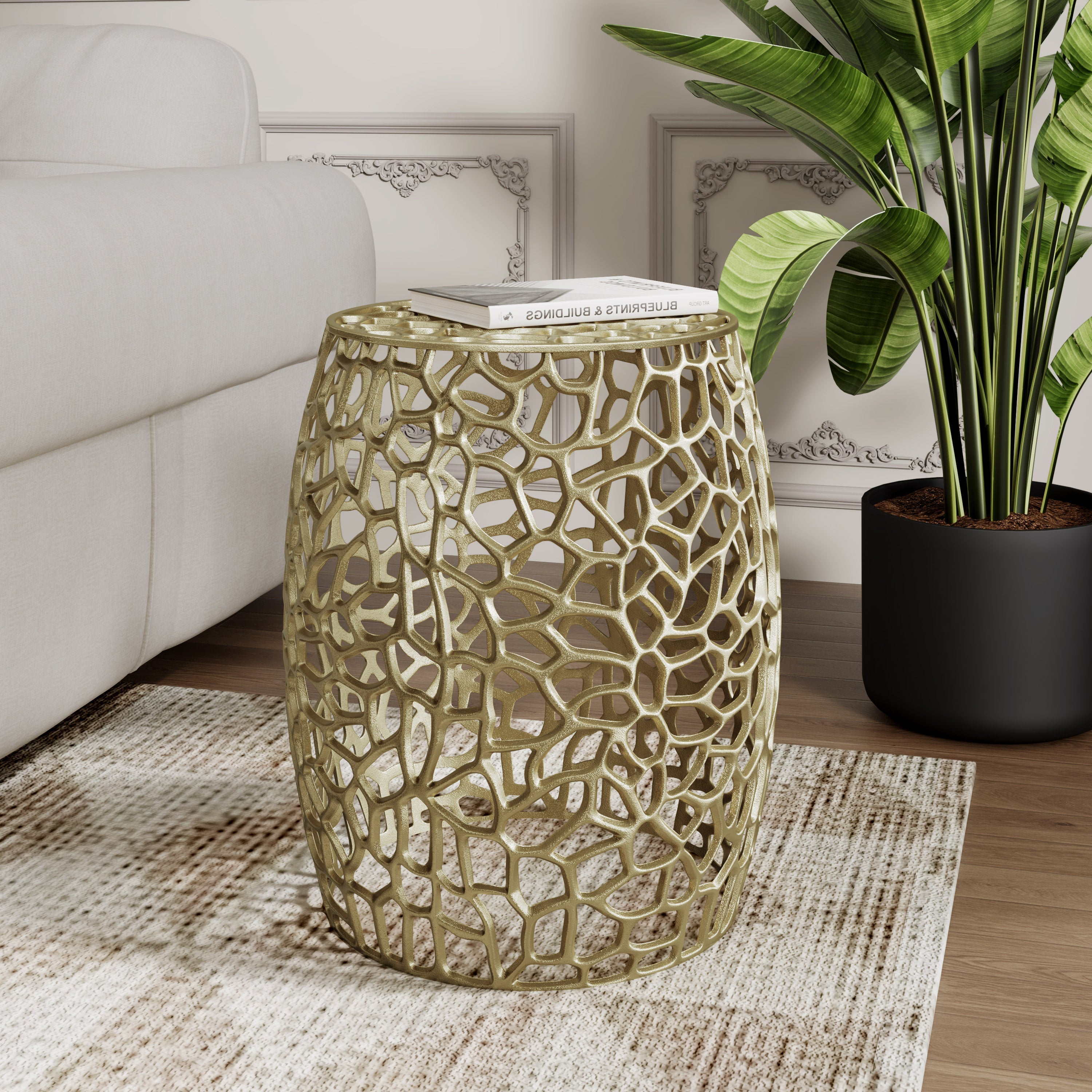 Aluminum Drum End Table with Intricate Design – Gold