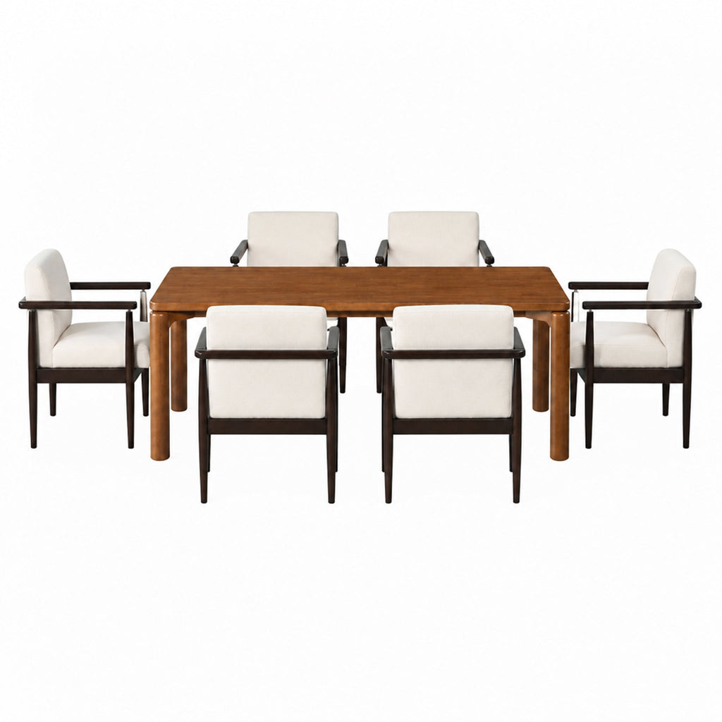Mid-Century 7-Piece Dining Table Set, 70" Rubber Wood