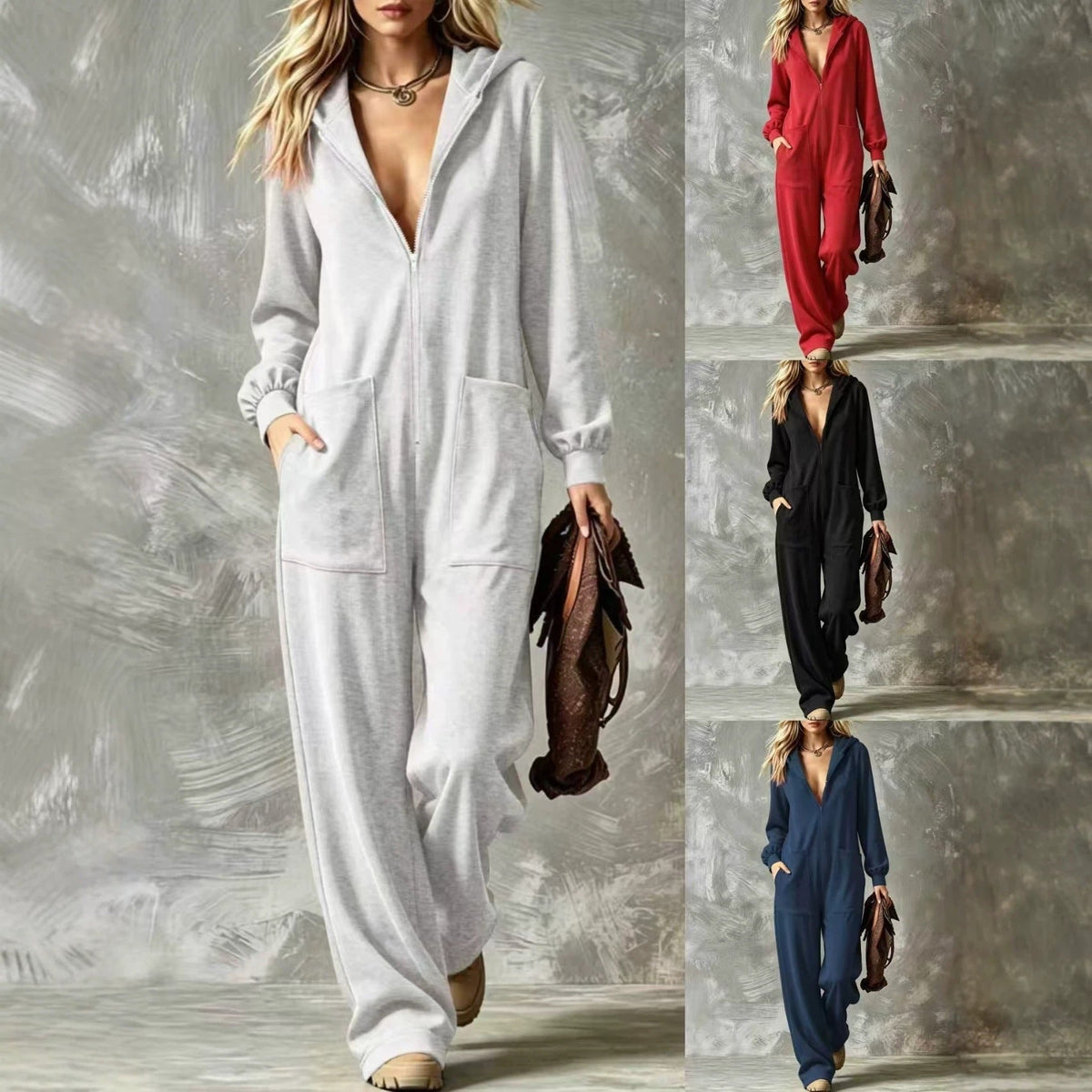 TUME Amazon Solid Color Plus Size Hooded Zipper Jumpsuit With Large Pockets, Loose Casual Home Straight-Leg Jumpsuit
