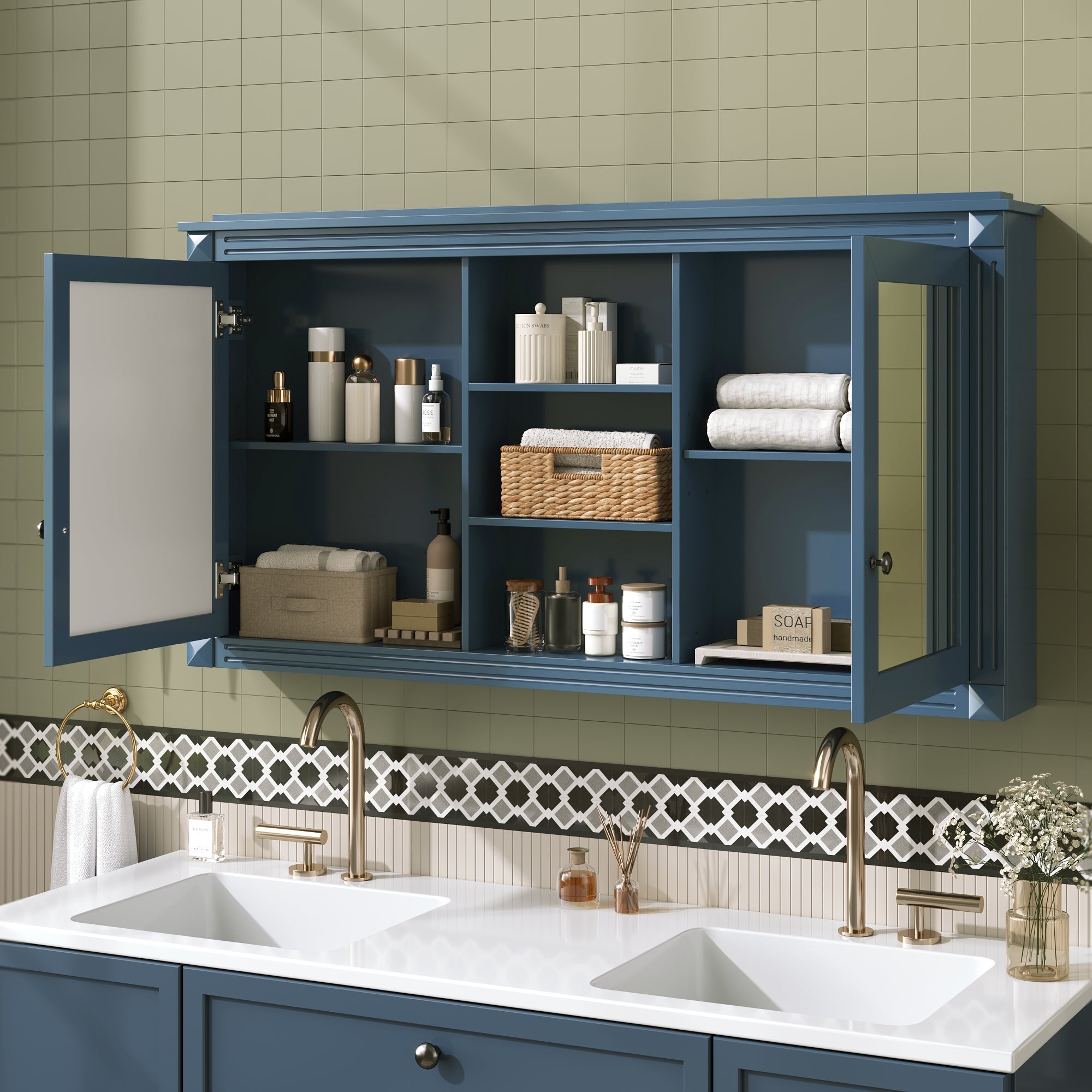 55 Inch Wall-Mount 2-in-1 Mirror Cabinet with Adjustable Shelves