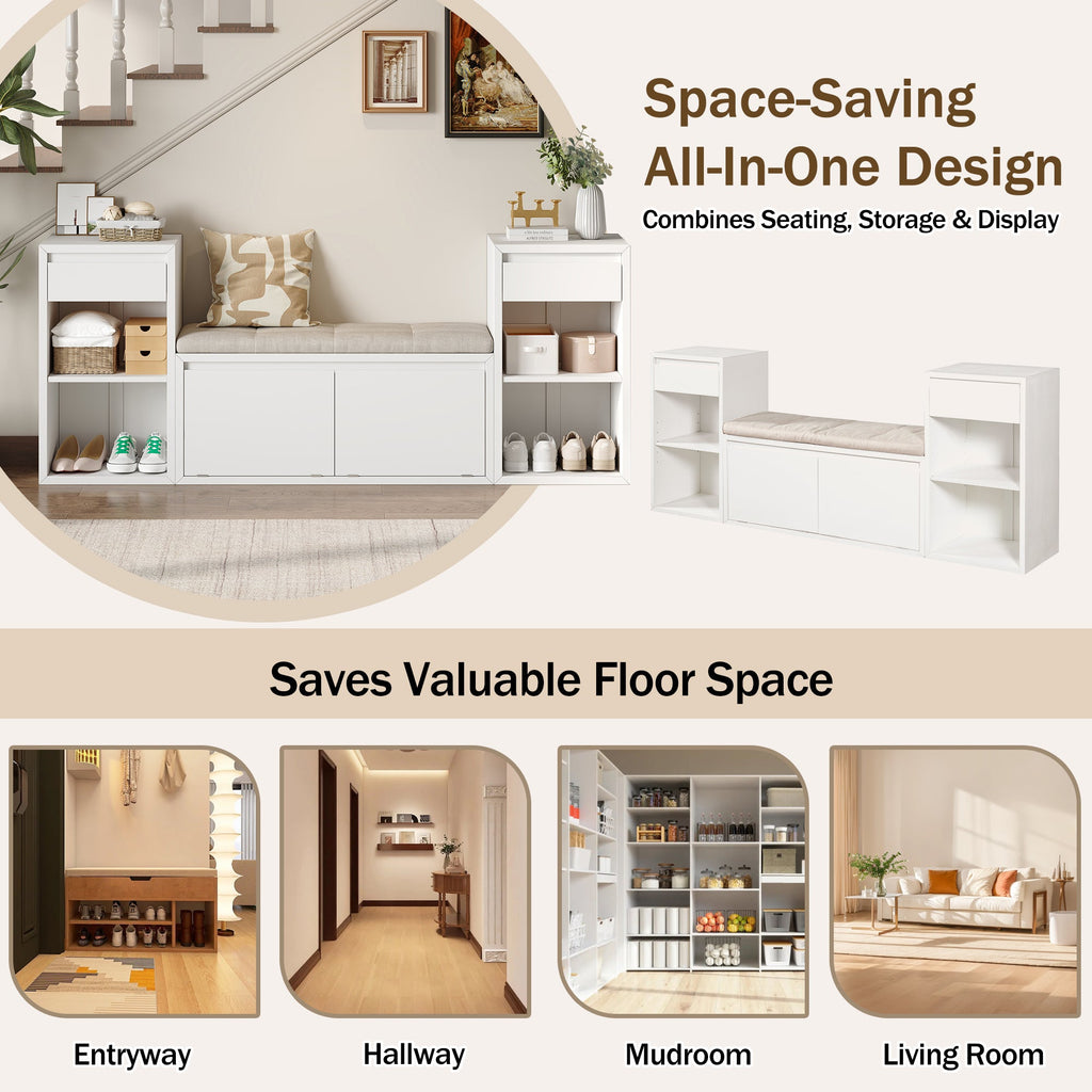TREXM All-in-One Entryway Storage Bench with Cushion, Compartments & Drawers
