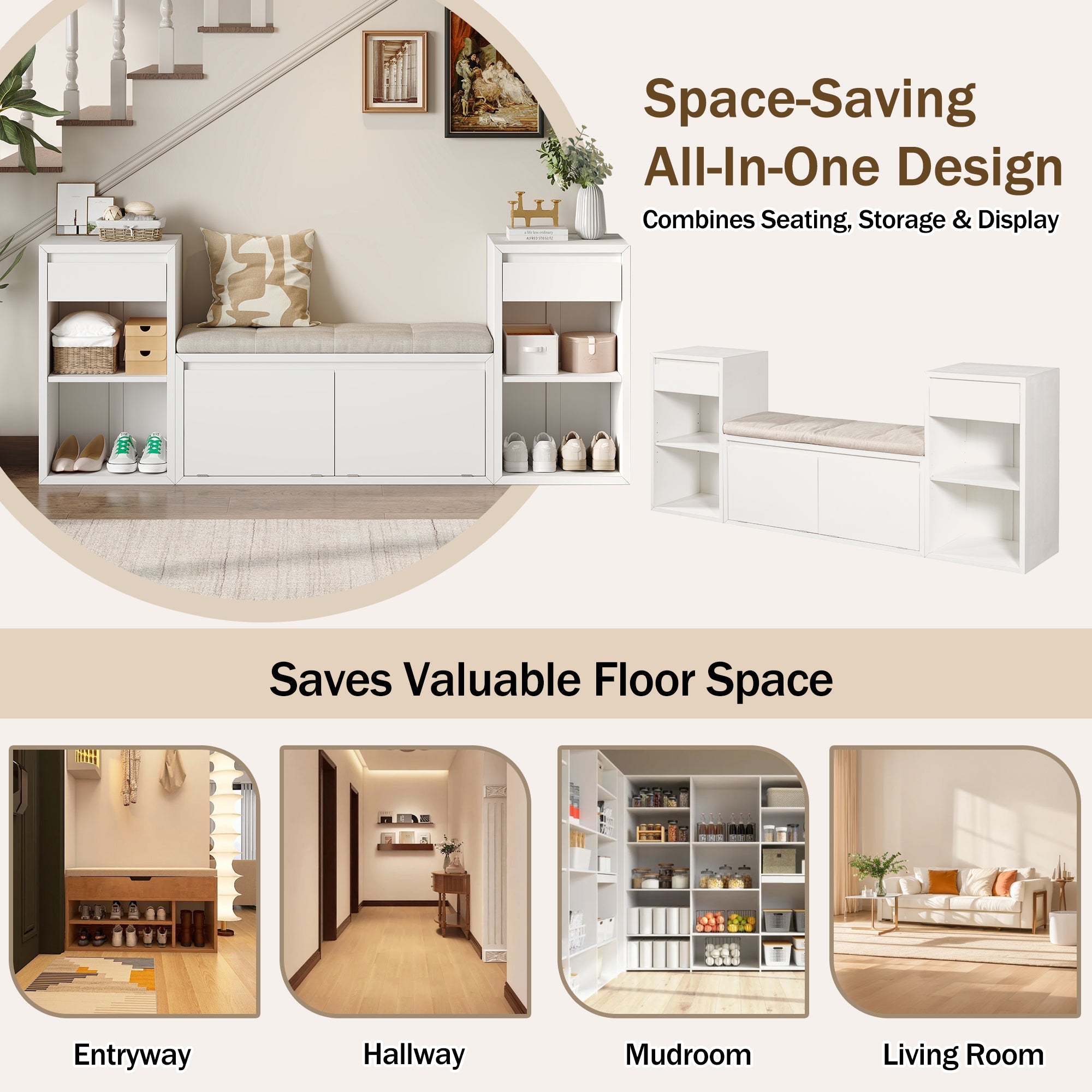 TREXM All-in-One Entryway Storage Bench with Cushion, Compartments & Drawers