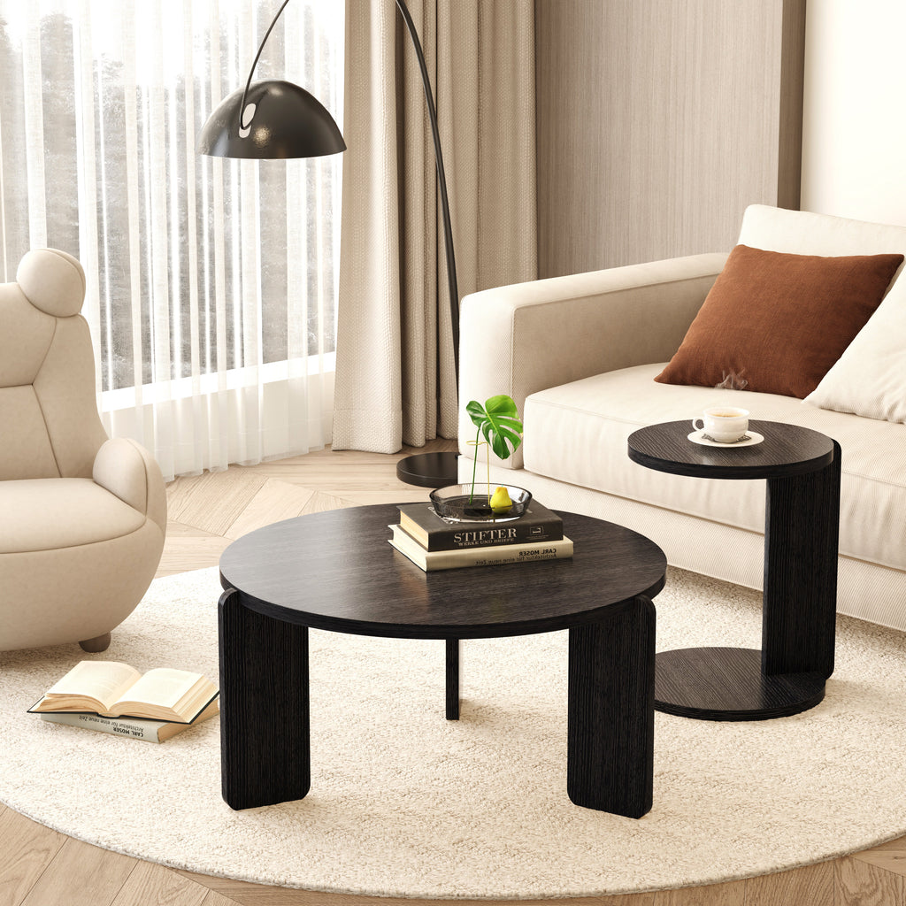 Nesting Round Wood Coffee Table with End Table Set of 2