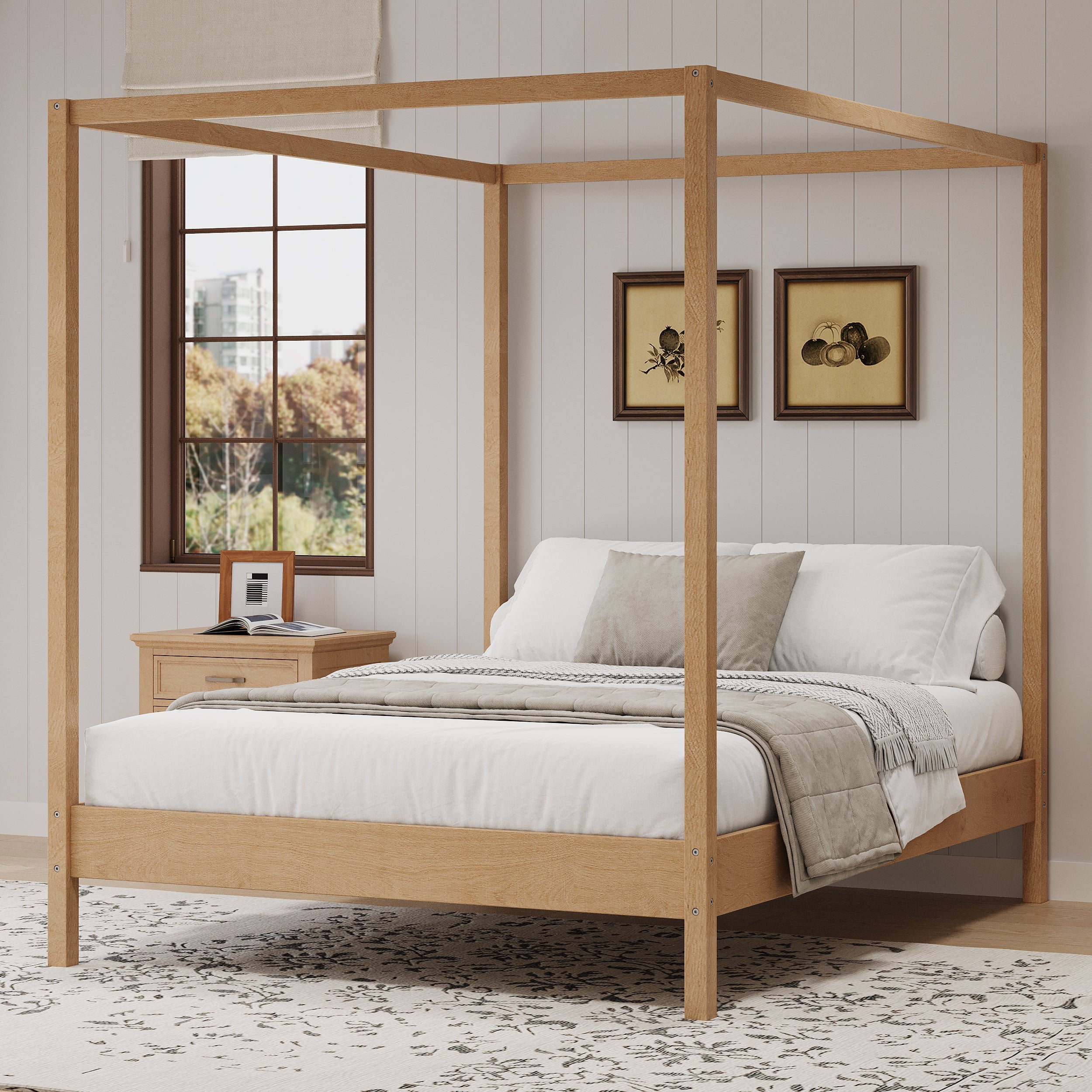 Solid Wood Queen Size Canopy Bed Frame