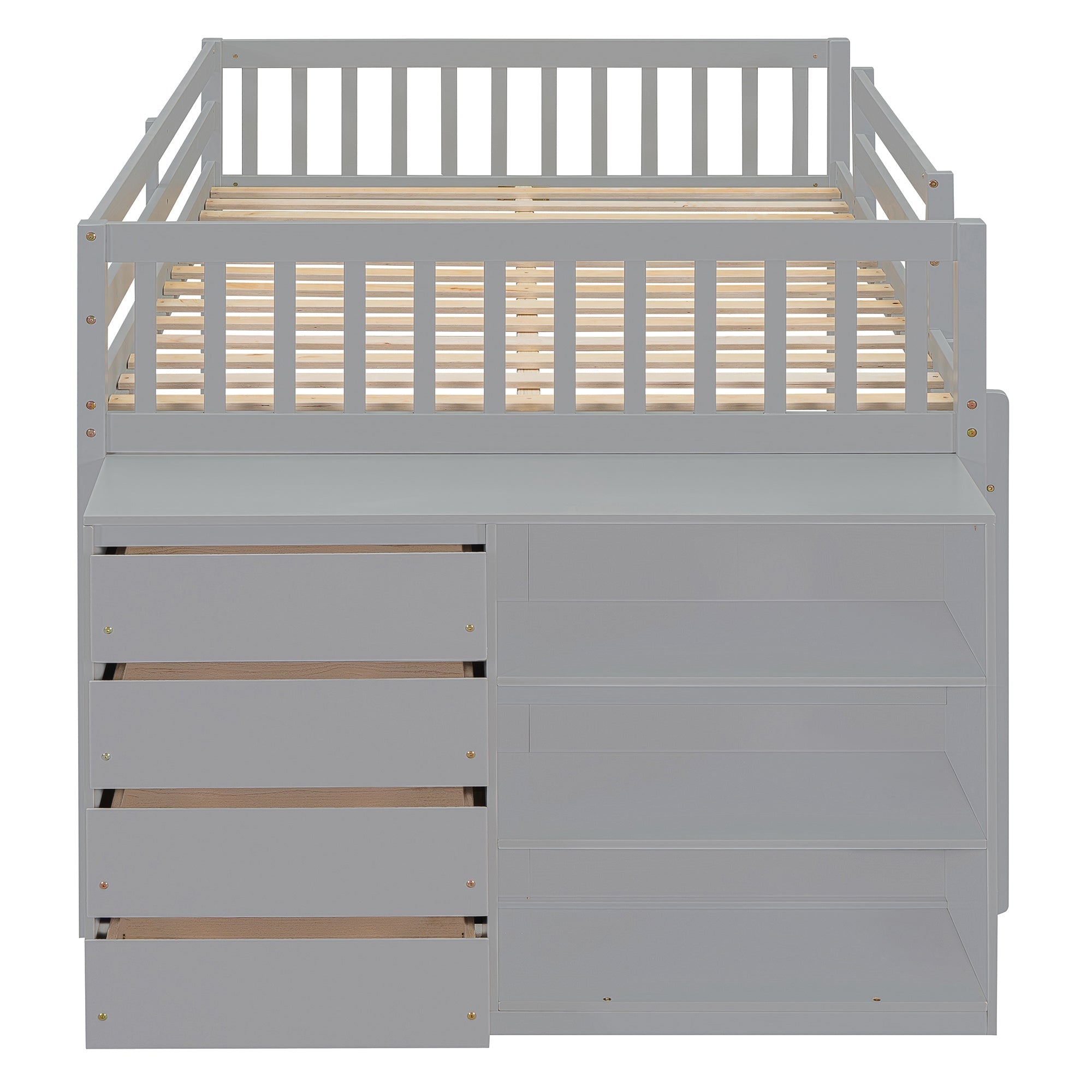 Full Over Full Bunk Bed with 4 Drawers and 3 Shelves - Gray
