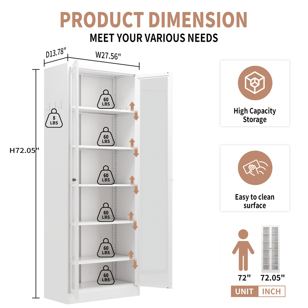 Metal Kitchen Pantry Cabinet - 72" Tall Storage with 5 Adjustable Shelves