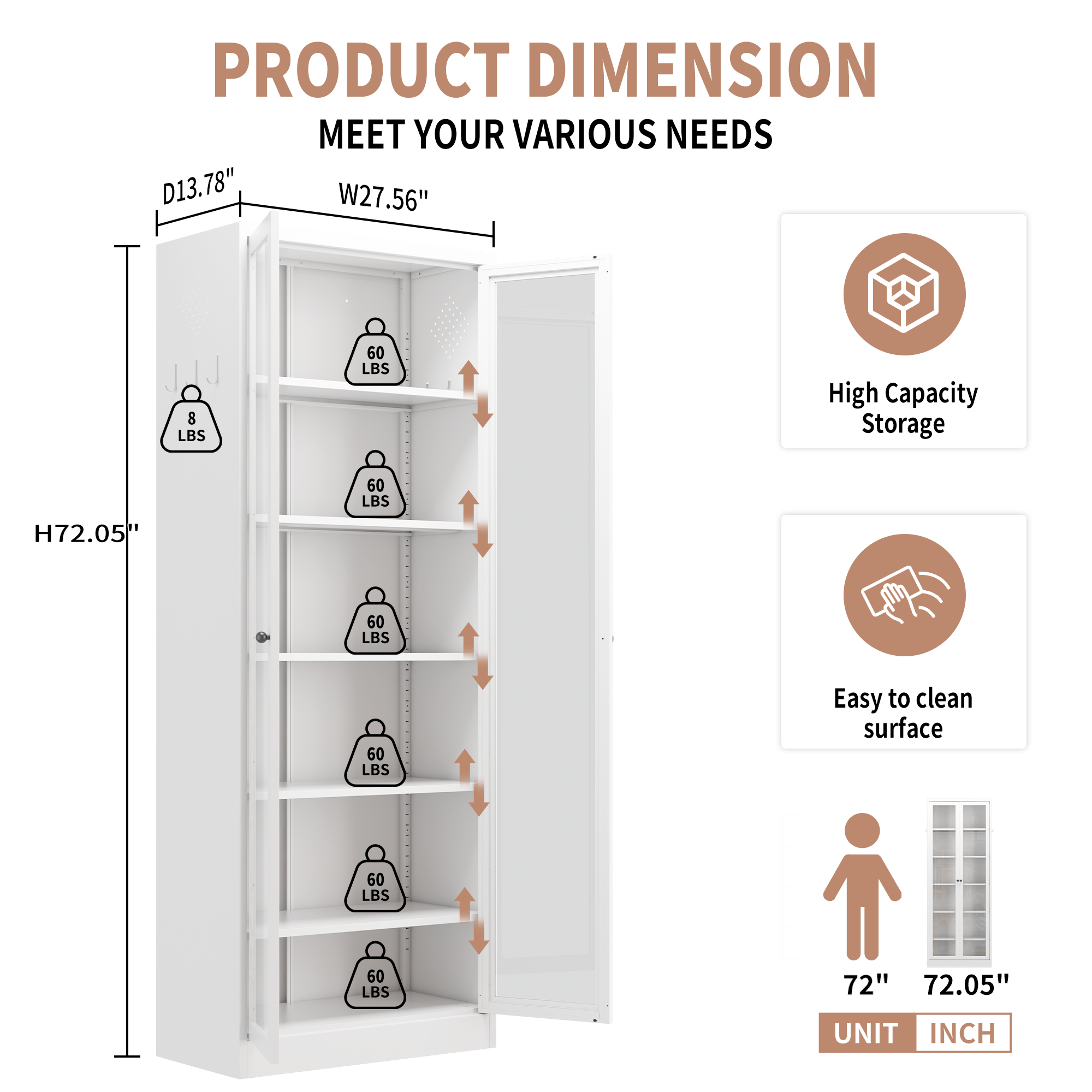 Metal Kitchen Pantry Cabinet - 72" Tall Storage with 5 Adjustable Shelves
