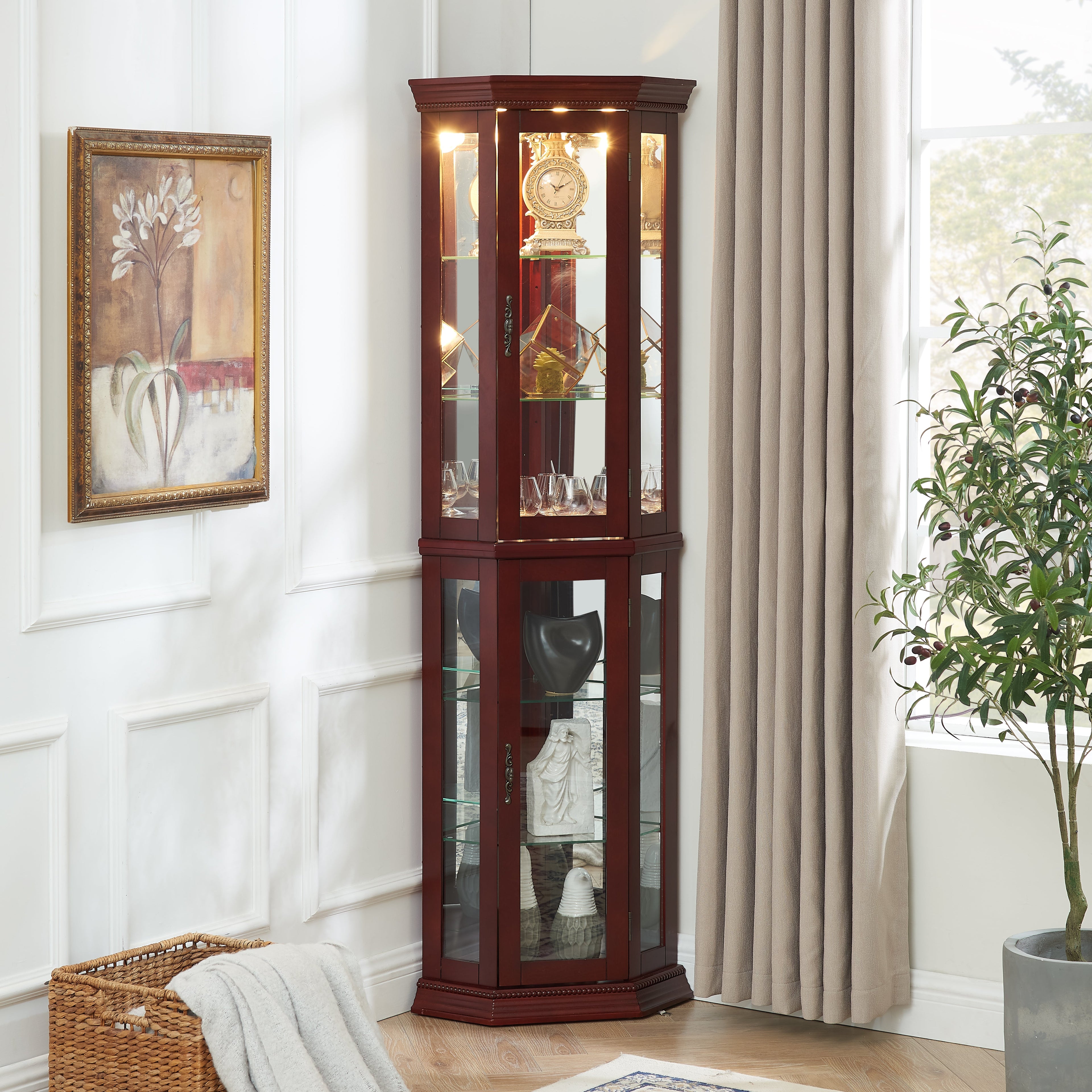 Corner Curio Cabinet with Lights and Adjustable Tempered Glass Shelves