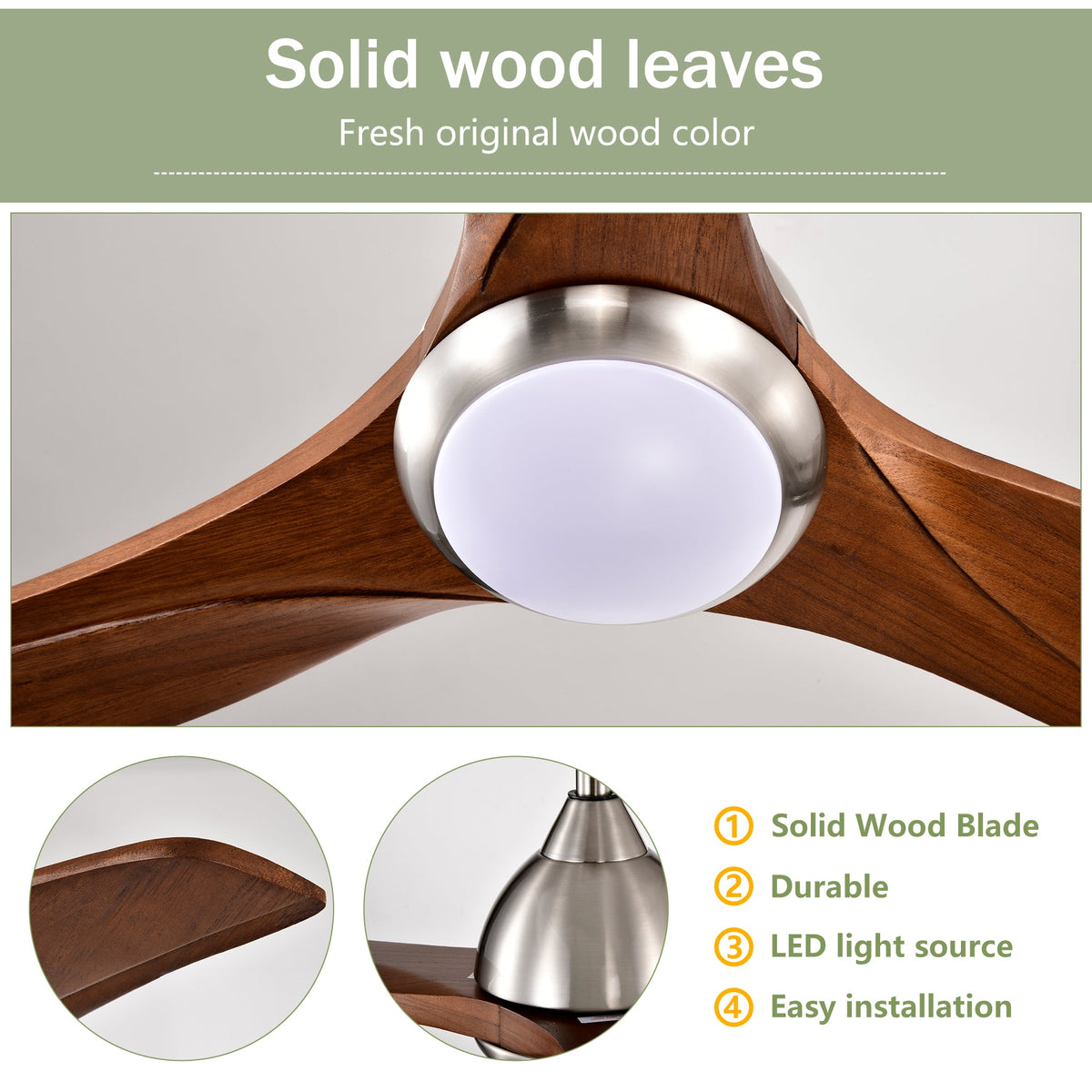 52" Solid Wood Blades Ceiling Fan With Light and Remote Control