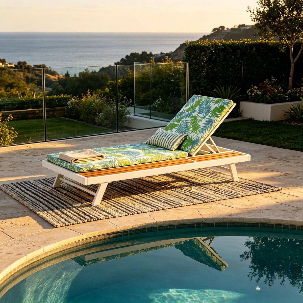 White Iron + Teak Finish Outdoor Chaise Lounge Set