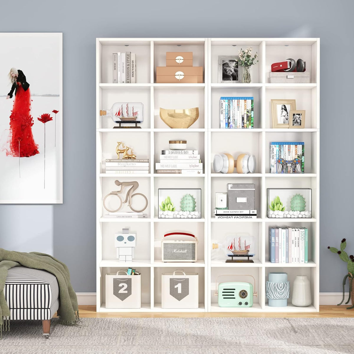 71.65" White Narrow 12-Cube Modern Bookcase
