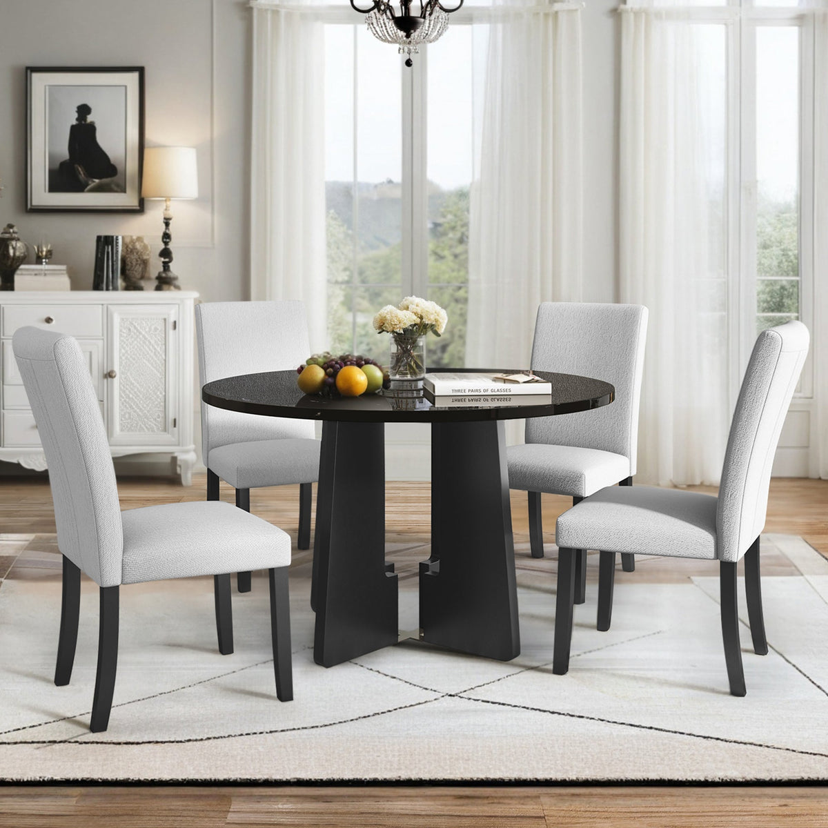5-Piece Round Dining Table Set with Upholstered Chairs