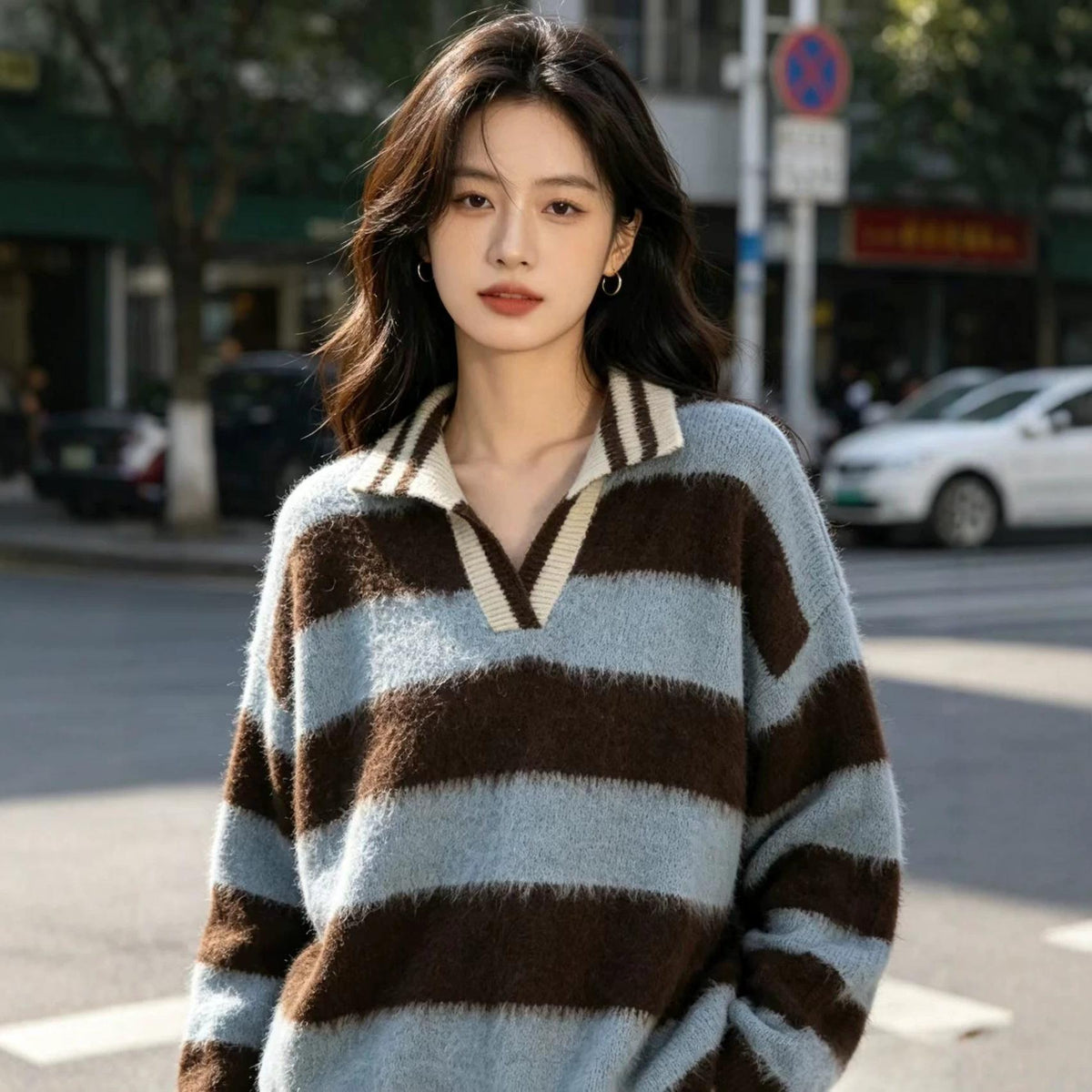 Retro Color-Block Striped Off-Shoulder Pullover Sweater For Women New AutumnWinter Top With Lapel Collar