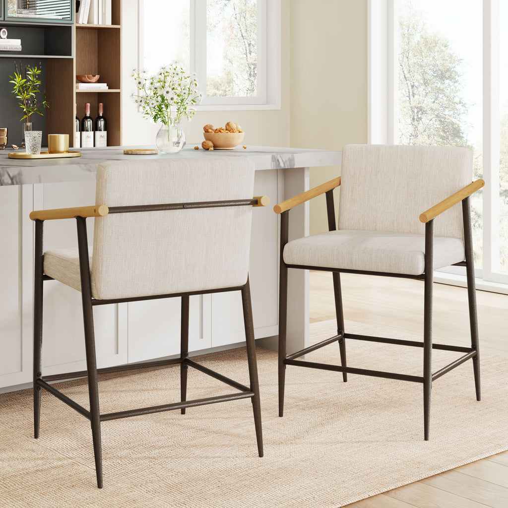 Counter Stool with Iron Frame - Set of 2 - Espresso + Beige