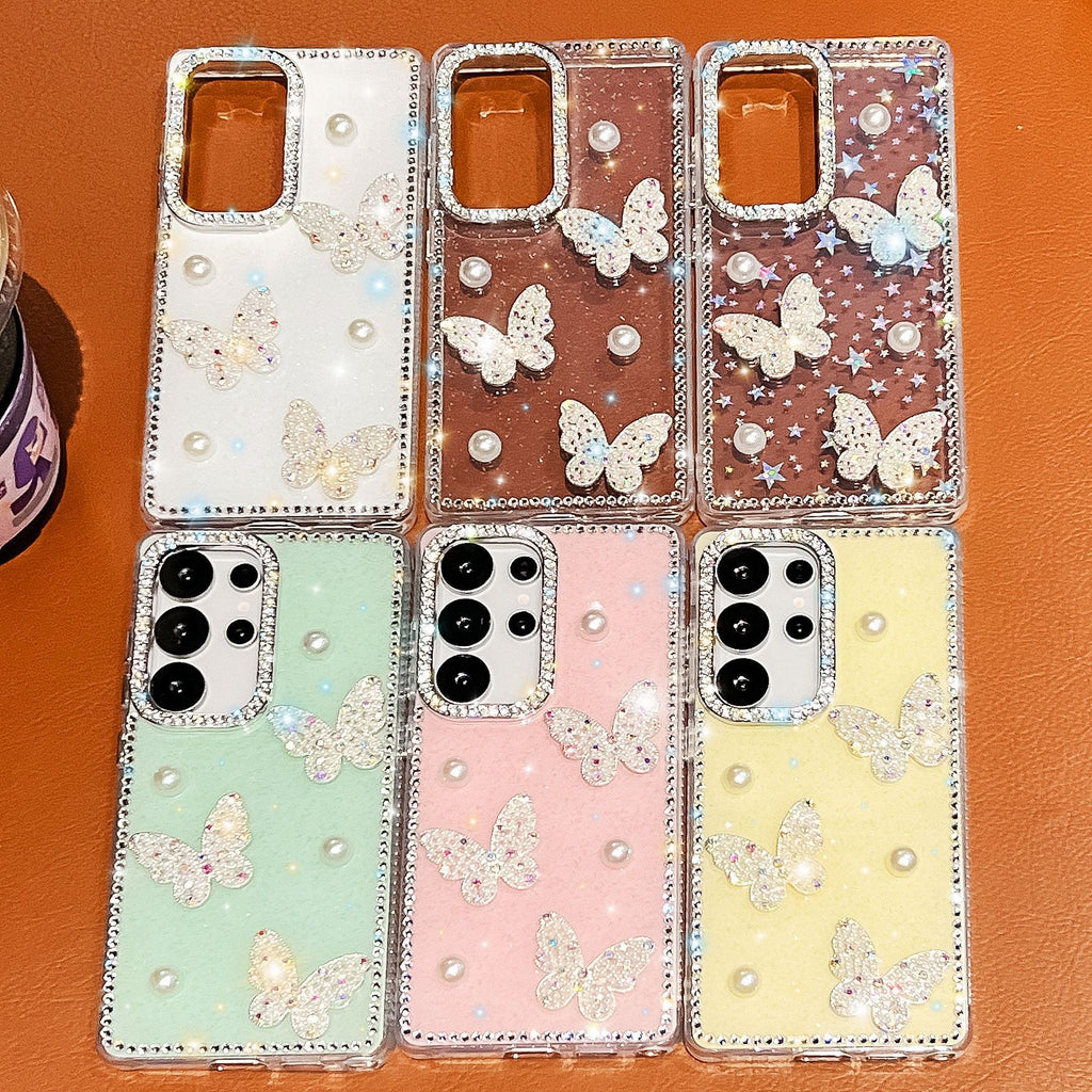 Glitter Powder Pearl Butterfly Style Phone Case With Rhinestones