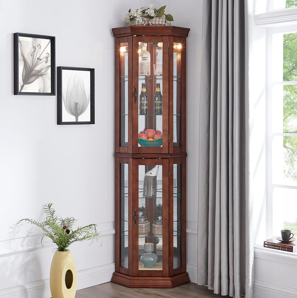 Corner Curio Cabinet with Adjustable Glass Shelves and Lights
