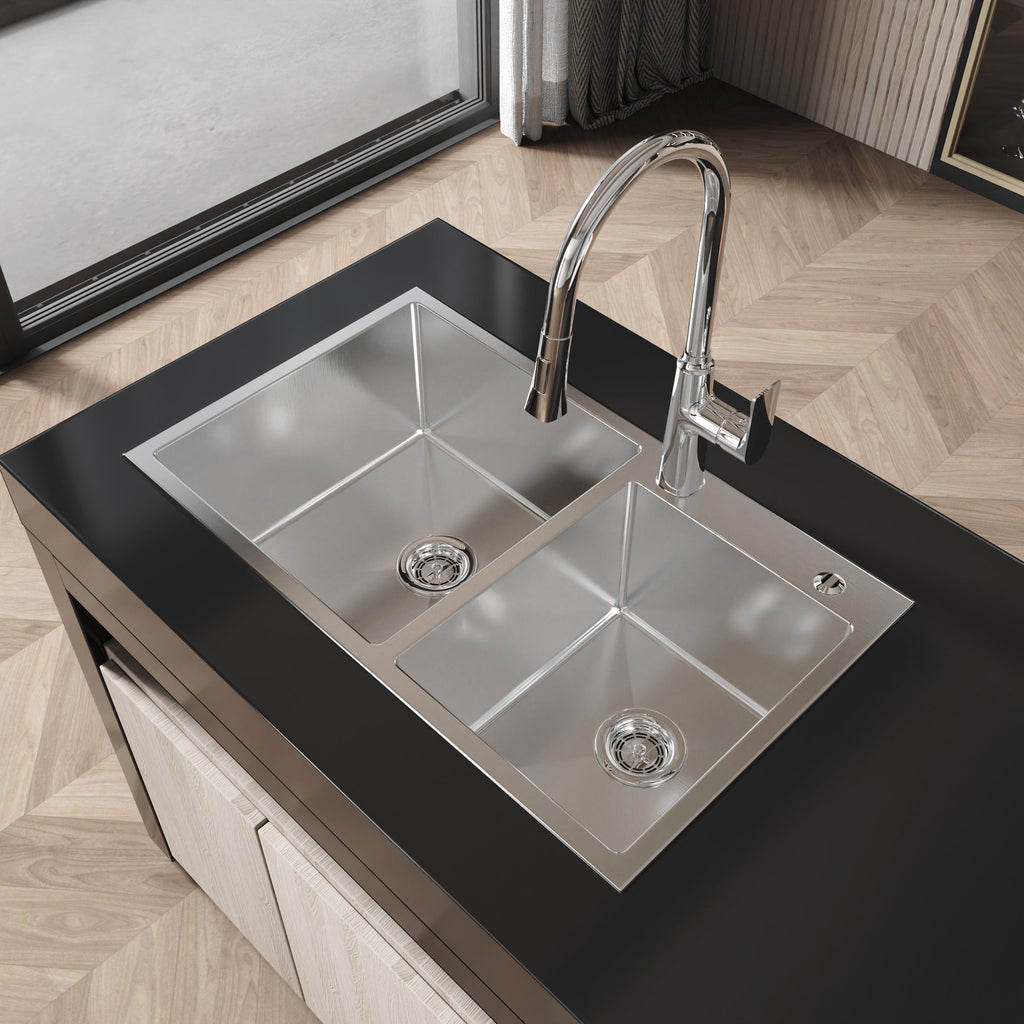 Stainless Steel Kitchen Sink, 32″x19″ Double Bowl in Brushed Nickel