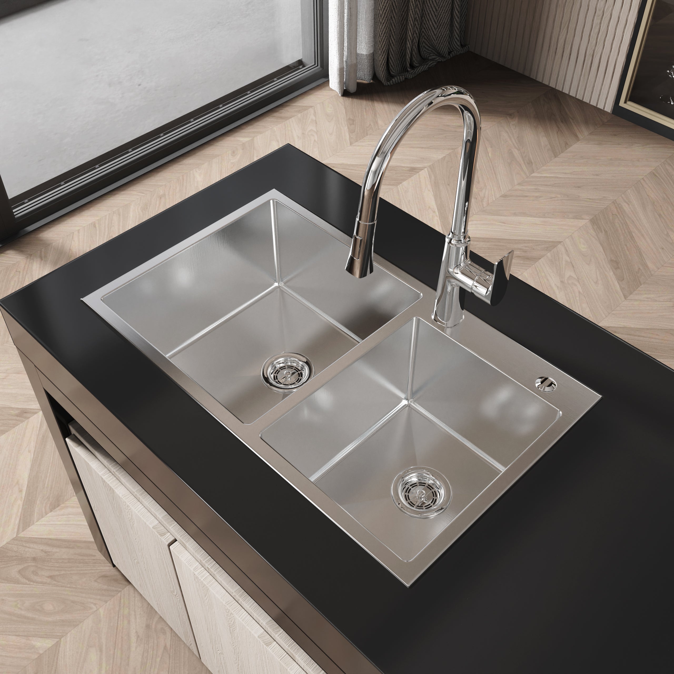 Stainless Steel Kitchen Sink, 32″x19″ Double Bowl in Brushed Nickel