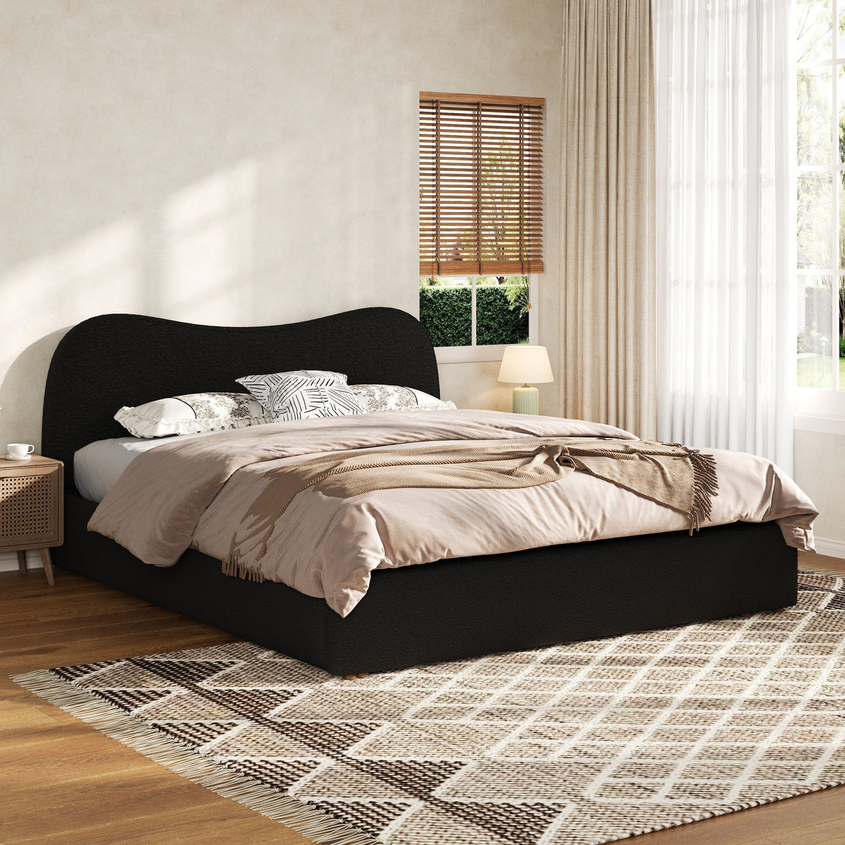 Queen Size Upholstered Platform Bed with Wooden Slats