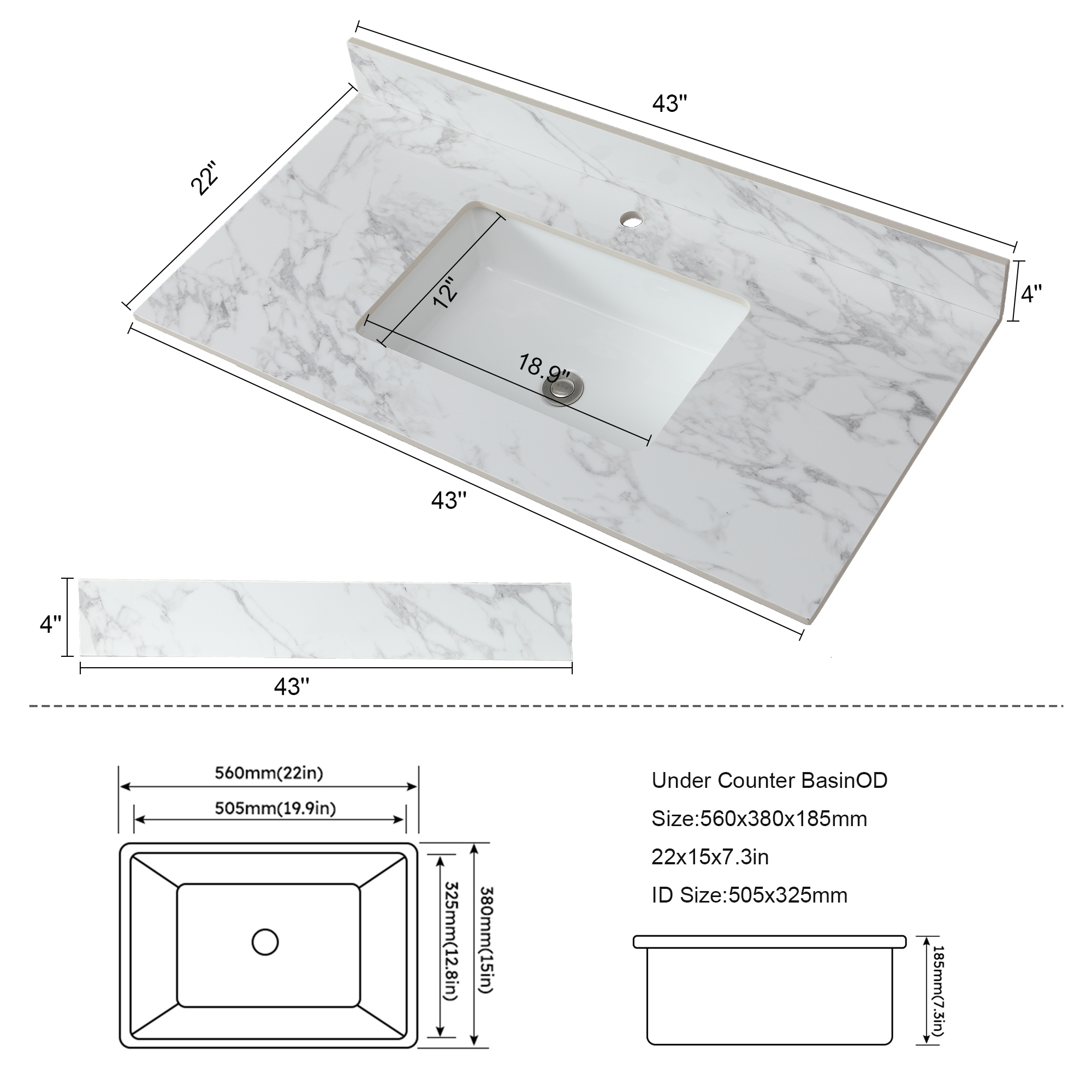 43" x 22" Sintered Stone Bathroom Vanity Top