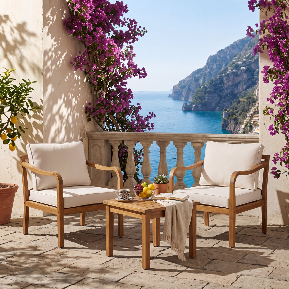 Acacia Wood Patio Furniture Club Chair Set (Teak Finish & Beige Cushion)