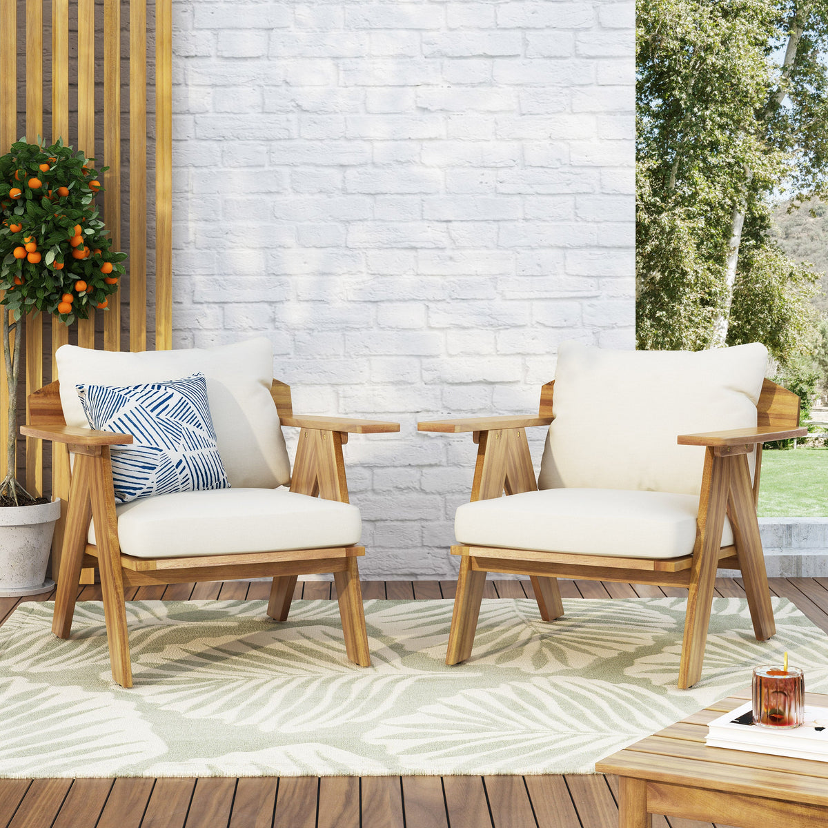 Outdoor Acacia Wood Club Chairs with Cushions (Set of 2)